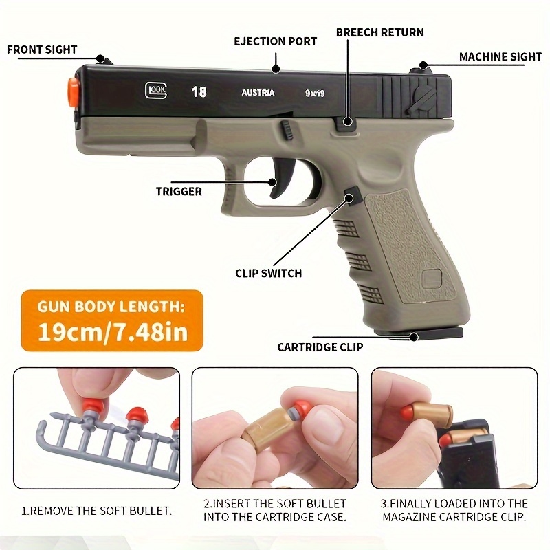 Automatic Pistol with Ejecting Shell and Automatic Rebound, Semi-Automatic Handgun for Boys and Teens 14+, Perfect for Halloween, Christmas, Birthday Gifts - Includes Soft Rubber Bullets, Plastic Material, Mixed Color 3 Automatic Pistol with Ejecting Shell and Automatic Rebound, Semi-Automatic Handgun for Boys and Teens 14+, Perfect for Halloween, Christmas, Birthday Gifts - Includes Soft Rubber Bullets, Plastic Material, Mixed Color