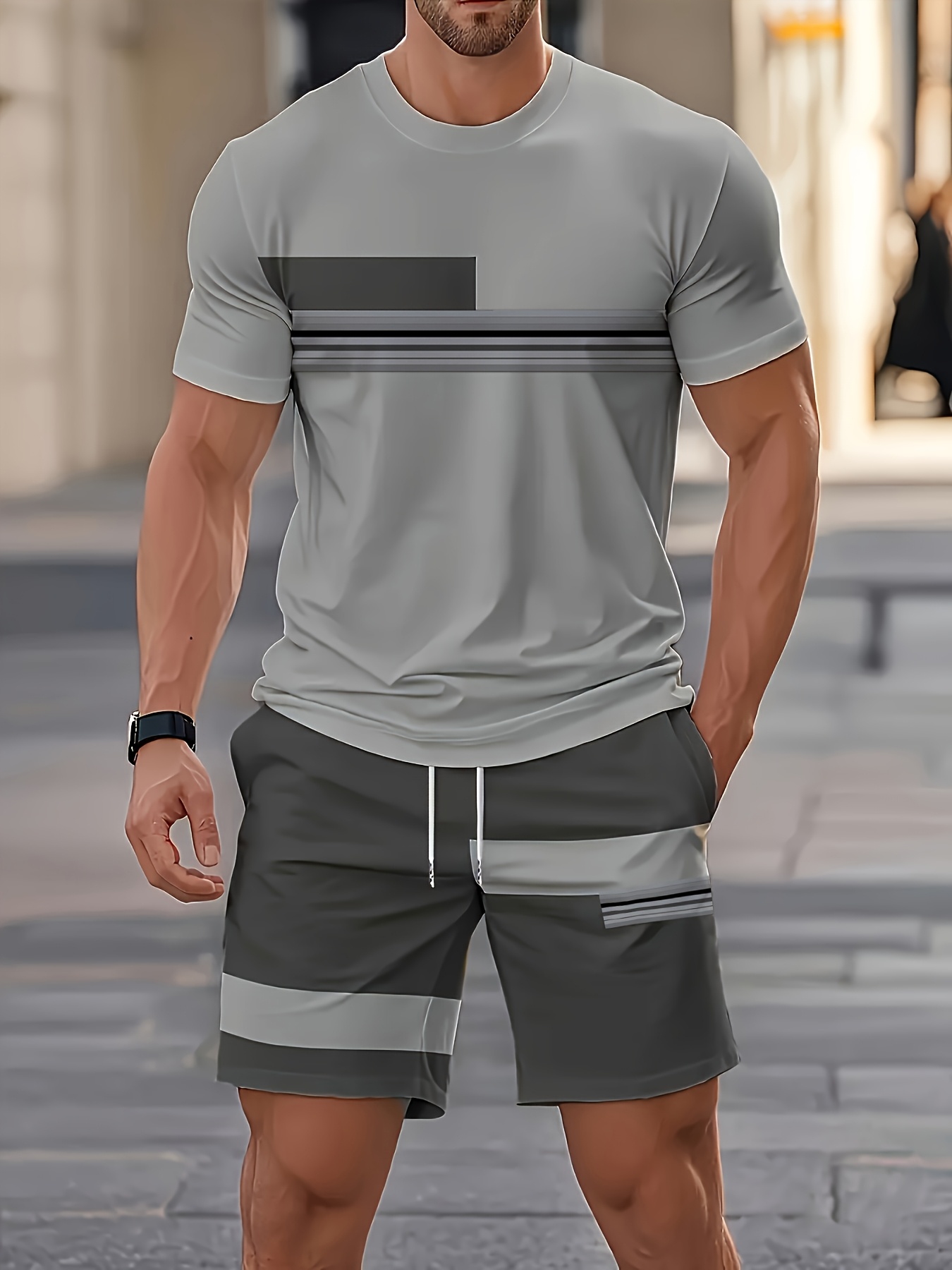 mens 2 piece outfit set summer   short sleeve crew neck t shirt top shorts 3  print vintage style striped contrast color   must have for street fashion enthusiasts suitable for daily casual fitness