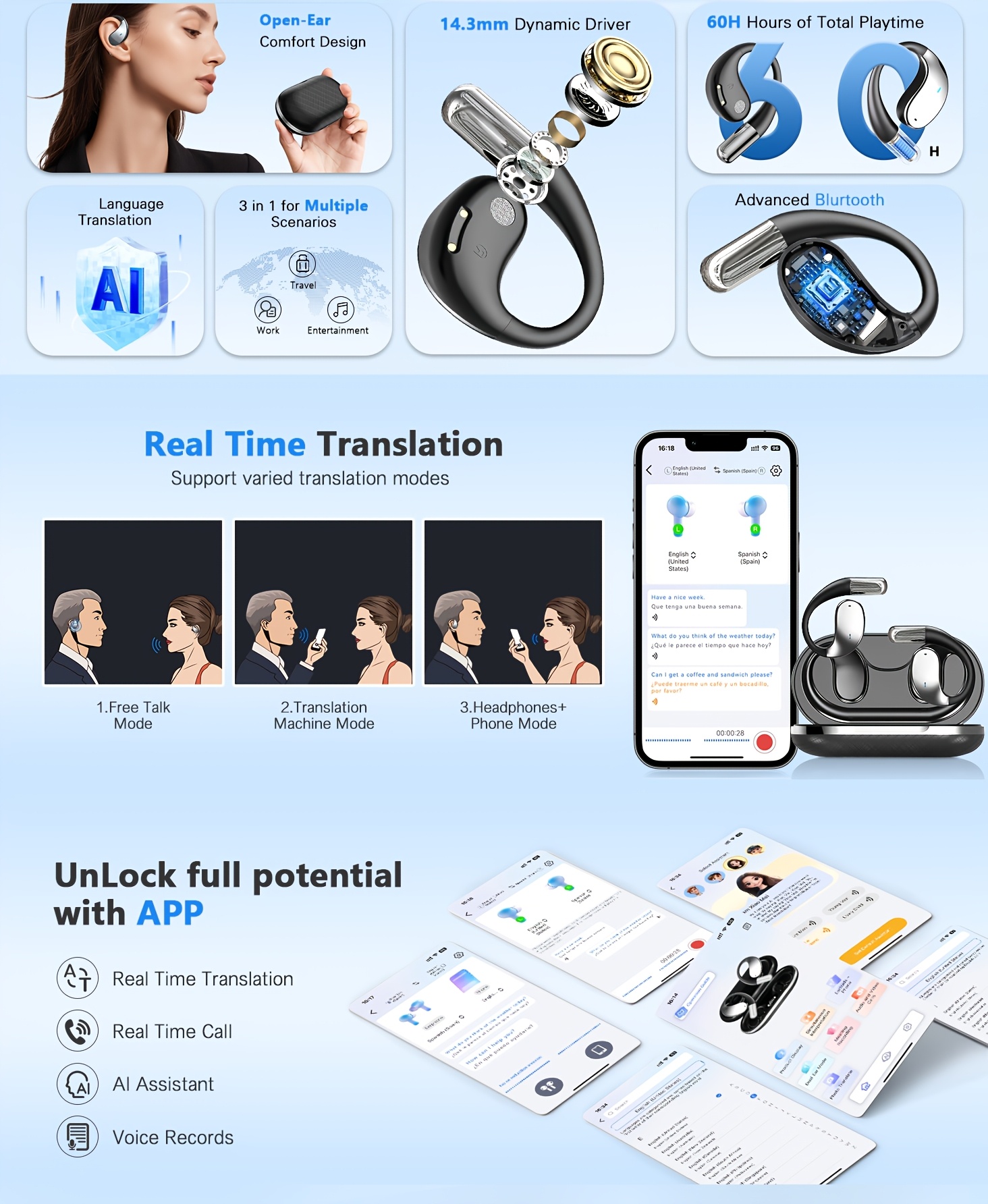 AI Language Translator Earbuds, 156 Languages & Accents Real-Time 3-in-1 Translation Earbuds, Wireless Headphones Fit IOS & Android, Translation Device For Travel Business Learning, 2026 AI Real-Time Translation Earbuds, Wireless 6.1