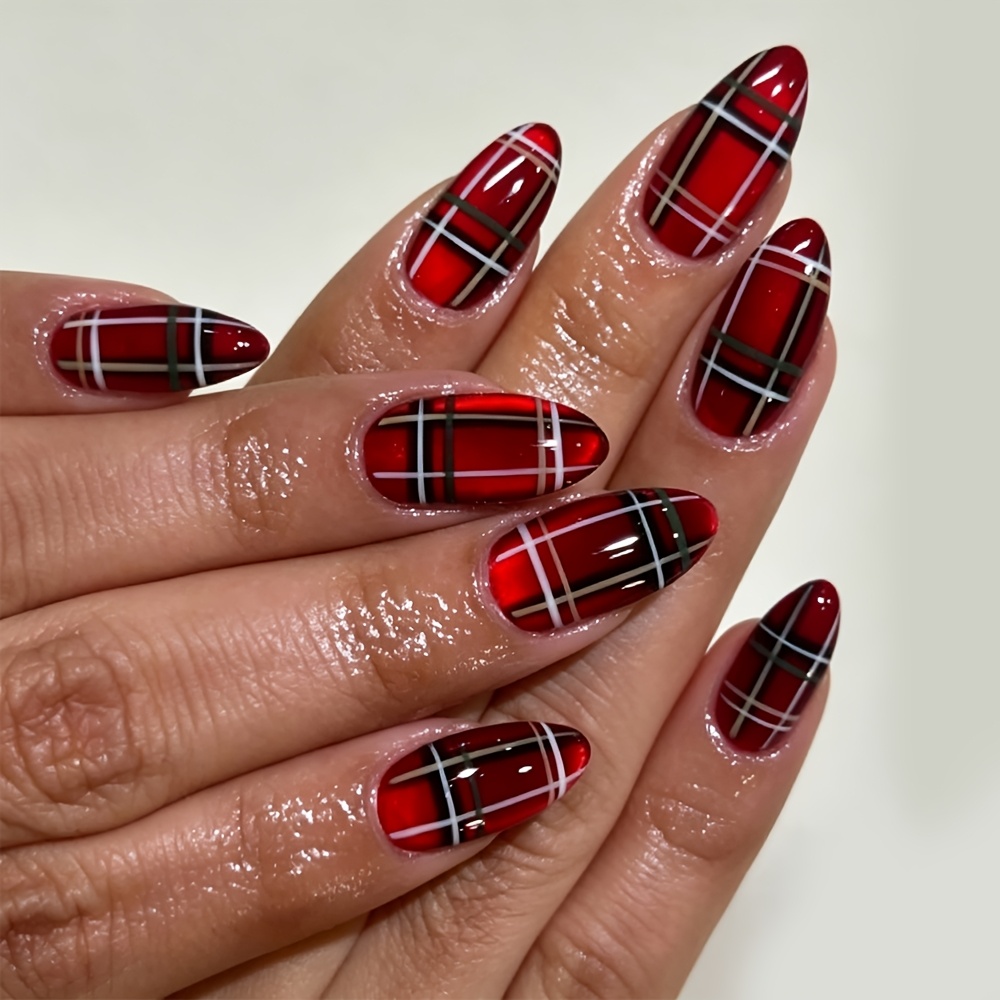 TEMU 24pcs Medium Almond Glossy Red Tartan Press-on Nails, Reusable Magnetic Cat Eye Grid Fake Nails For Holiday & Daily Wear