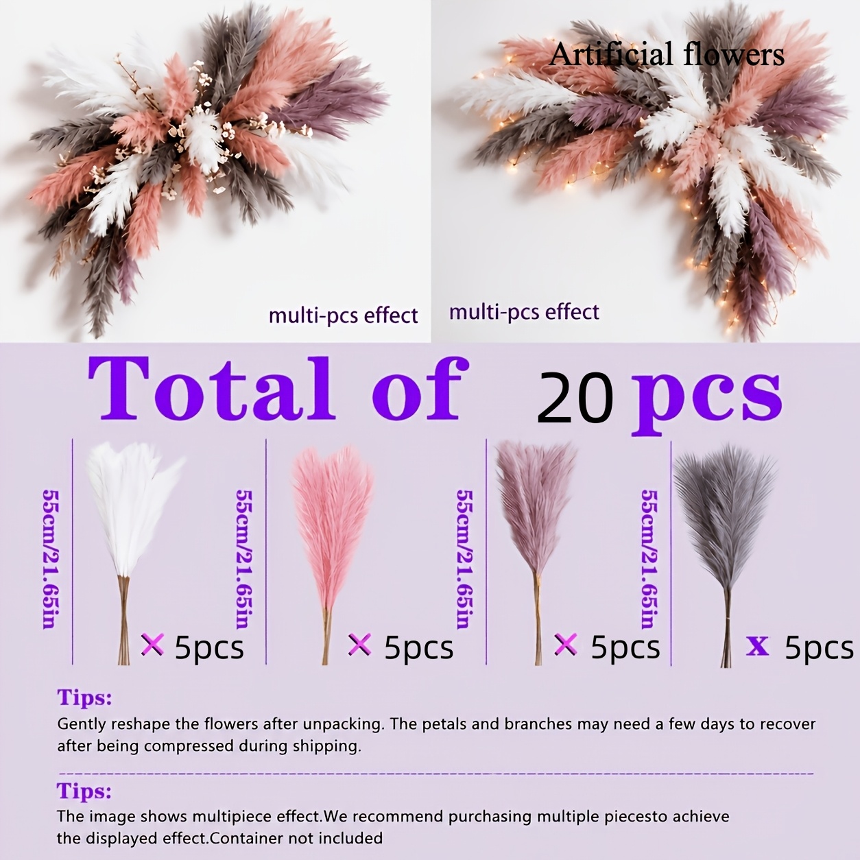 TEMU 20pcs Artificial Reed Grass Stems, 21in/55cm, Fluffy Faux Grass Feather Mixed Colors White Gray, Bohemian Style Floral Arrangement, Home Decor,