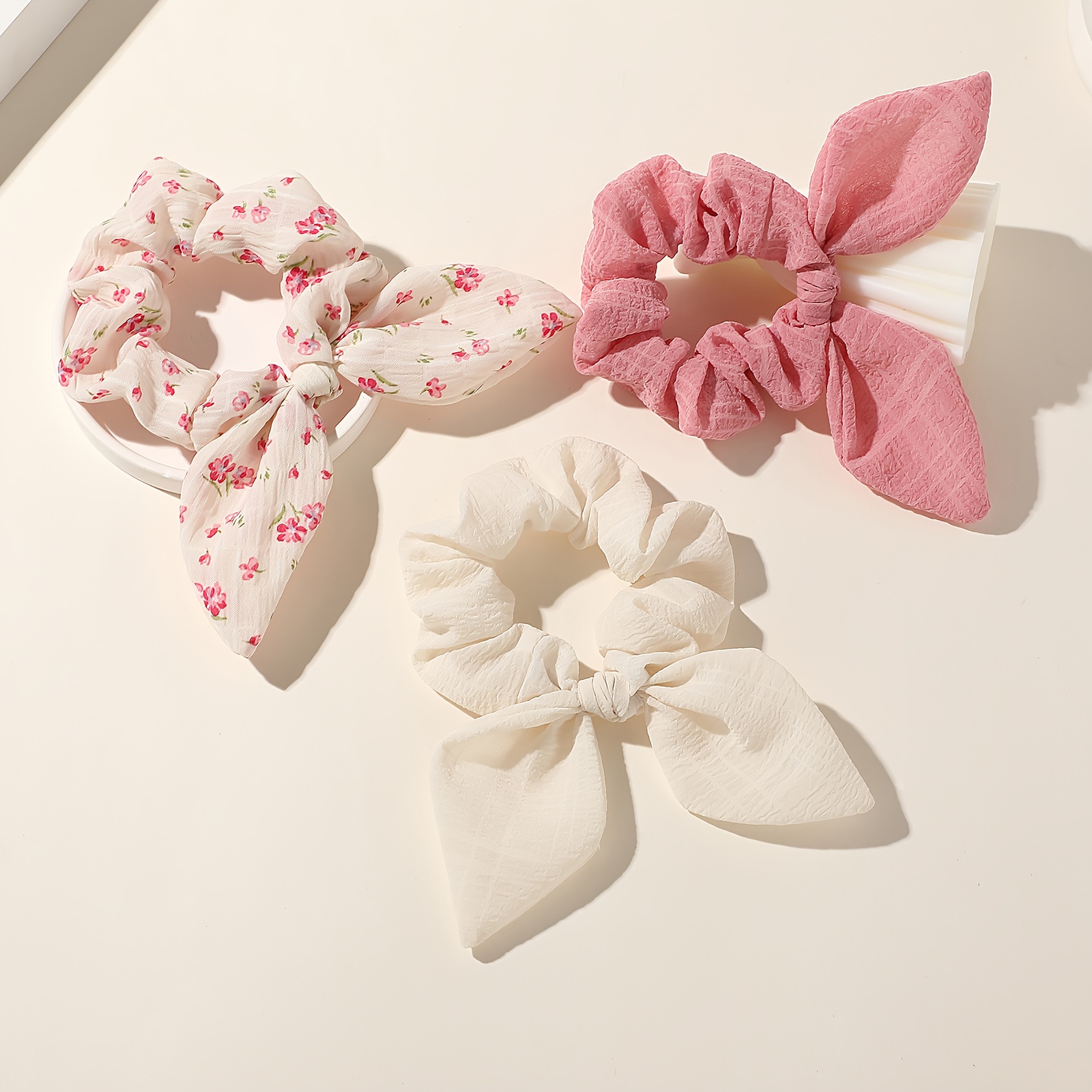 TEMU 3pcs Women's Pink Floral Large Doughnut Hair Ties With Bunny Ears. Suitable For Daily , Parties, And As Gifts For Thanksgiving And Christmas.