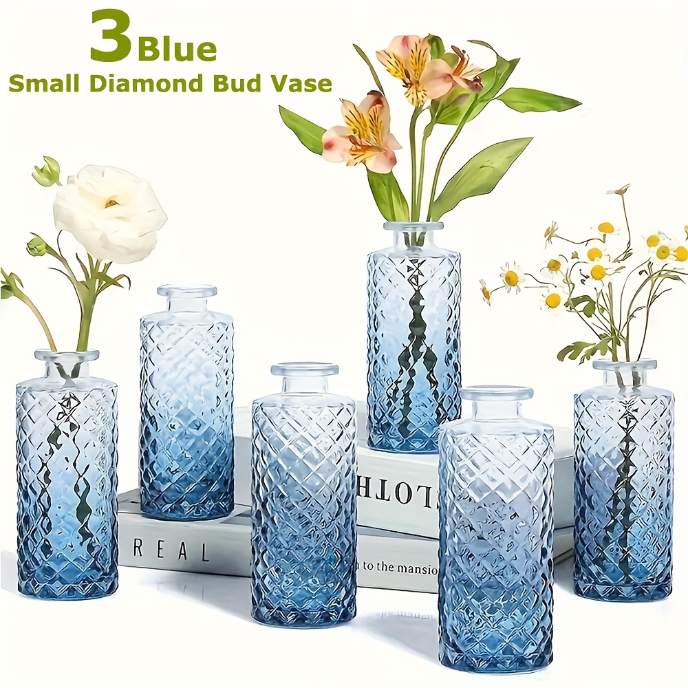 Image of Glass Bud Vases Set Of 3, Small Flower Vases In Bulk, Mini Diamond Vases For Centerpieces, Clear Vintage Vases For Table Decorations, Wedding, Party, Receptions, Home Decor, Tinpec