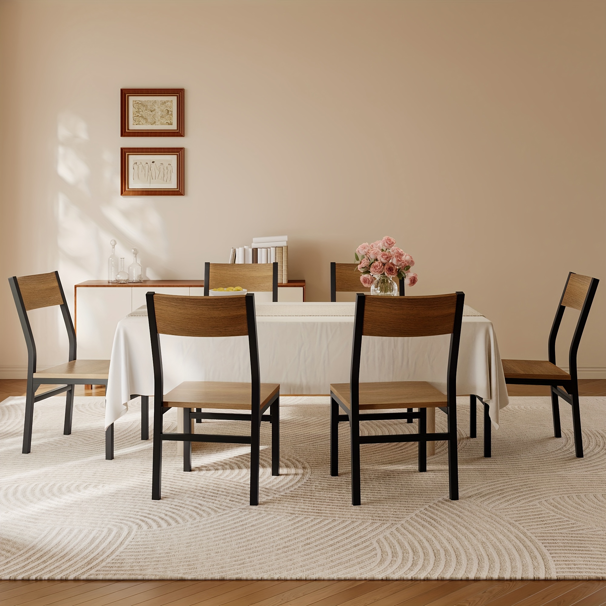 6pcs Modern Dining Chairs Modern Mid-Century Style Dining Room Decorative Chairs, Comfortable Side Seats Without Armrests, MDF Wood Planks with Metal Legs Design, Suitable for Home Kitchen, Bedroom, Living Room, Guest Dining Room