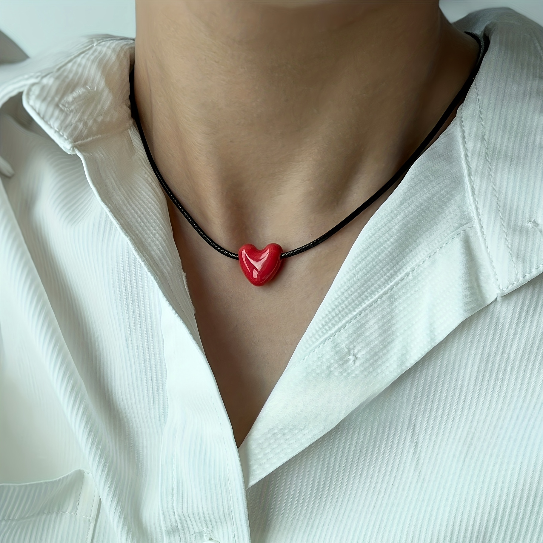 1pc Fashion Easy Red Heart Ceramic Pendant Necklace - Adjustable Necklace Cord Length, Gift For Valentine's Day, Birthday And Mother's Day