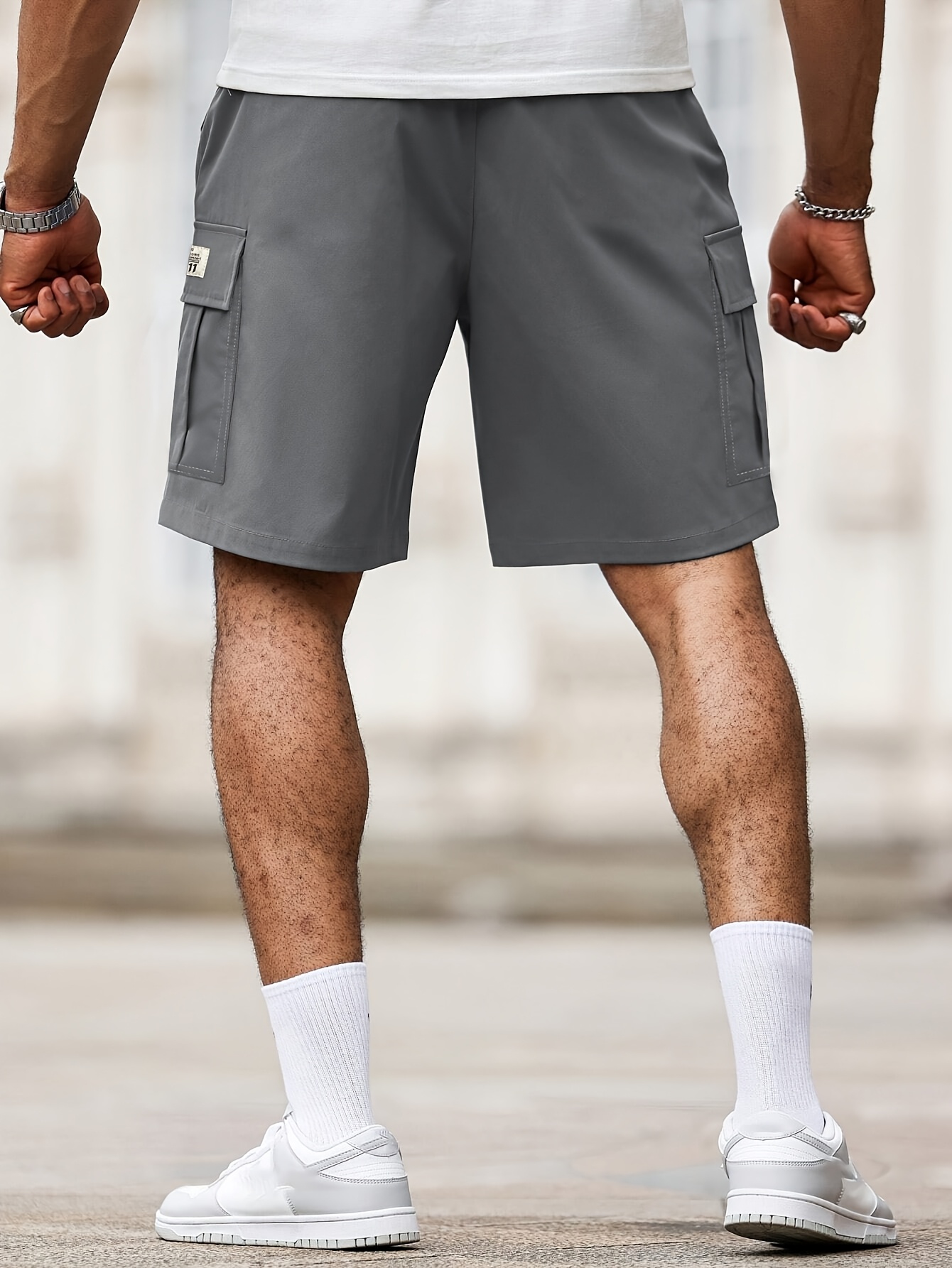 Men's Work Pants with Letter Patches, Flip Tops, Multiple Pockets, Drawstring Waist, Loose and Casual Shorts