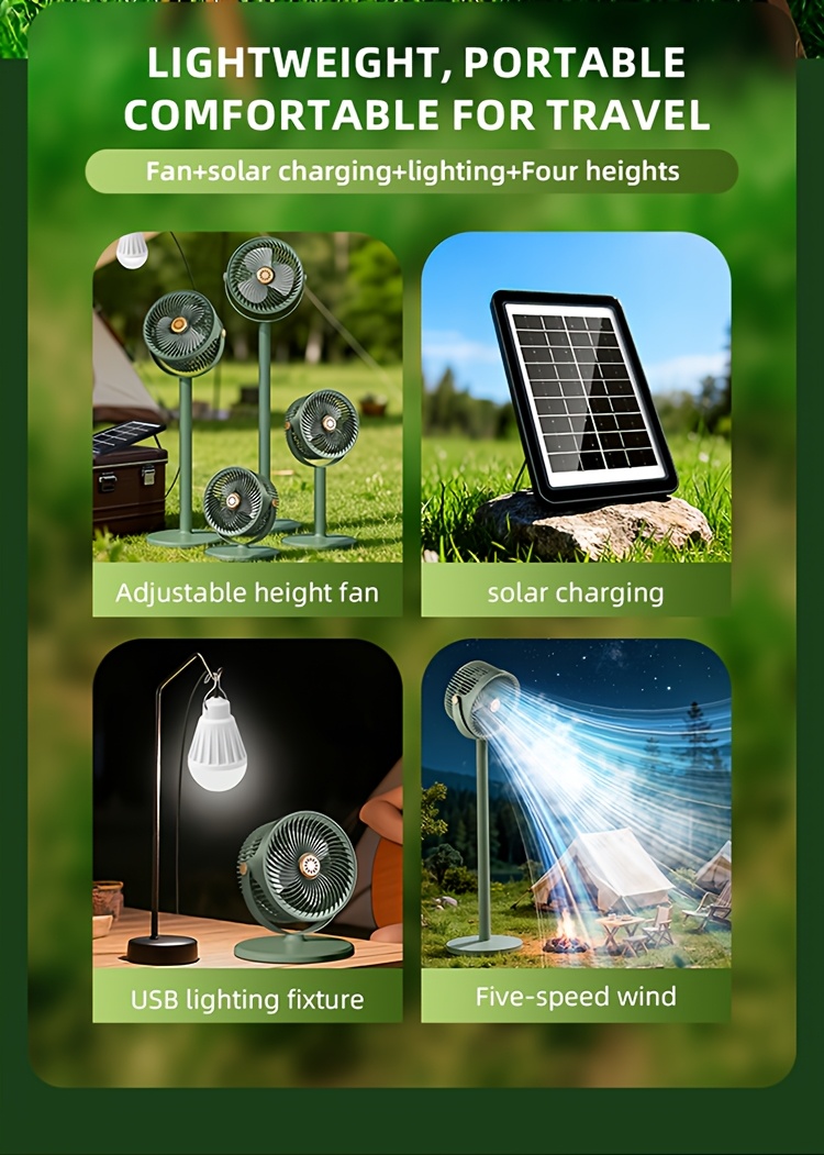 A Easy Outdoor Solar-Powered Floor Fan with a Circulating Function, Featuring Four Height Adjustment Modes, a Type-C Quick Charging Version, a Five-Speed Desktop Fan, a Retractable Electric Floor Fan, an Ultra-Long-Lasting Outdoor Cooling Device
