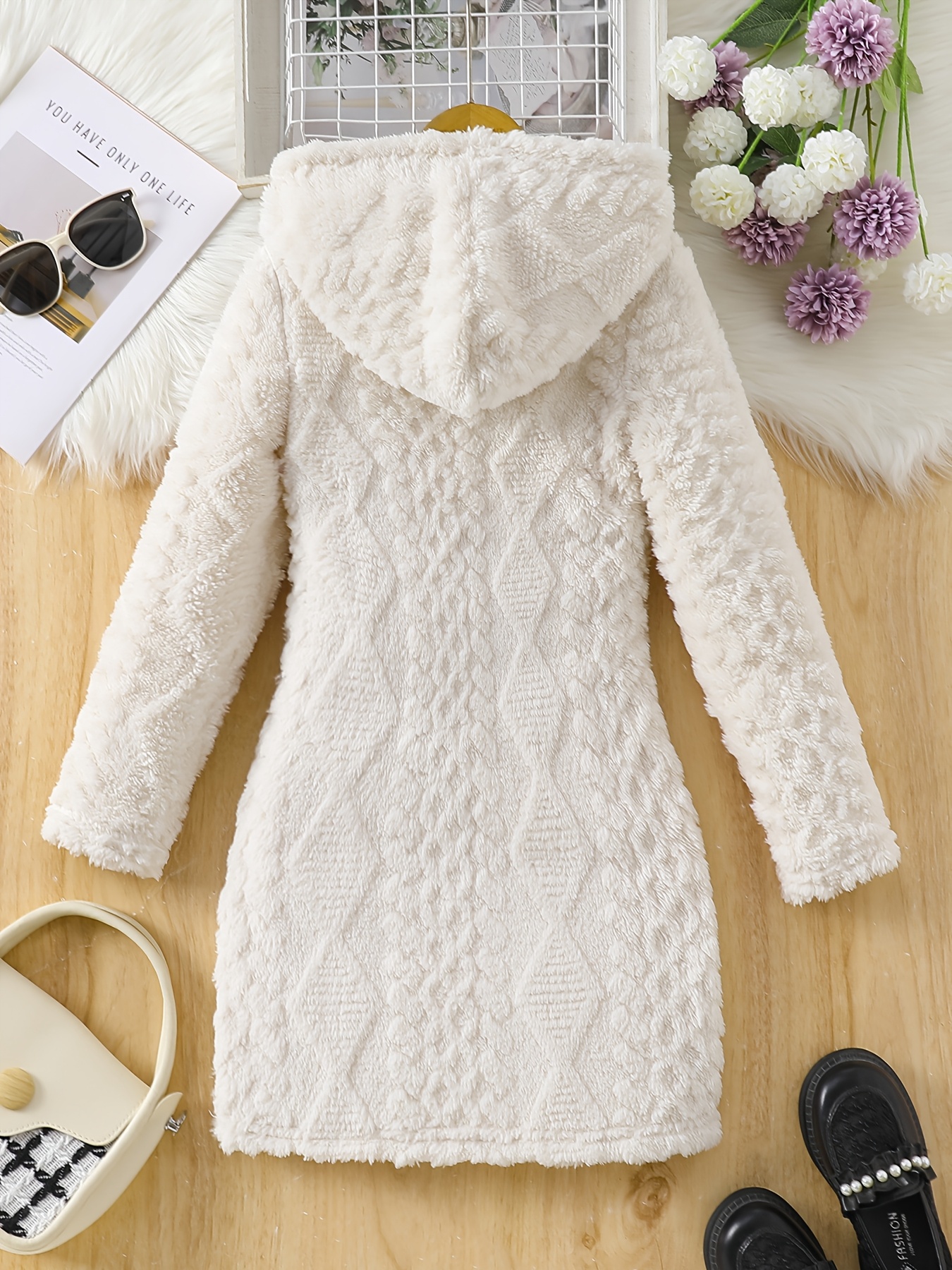 girls warm winter hooded dress solid color long sleeve party - Temu