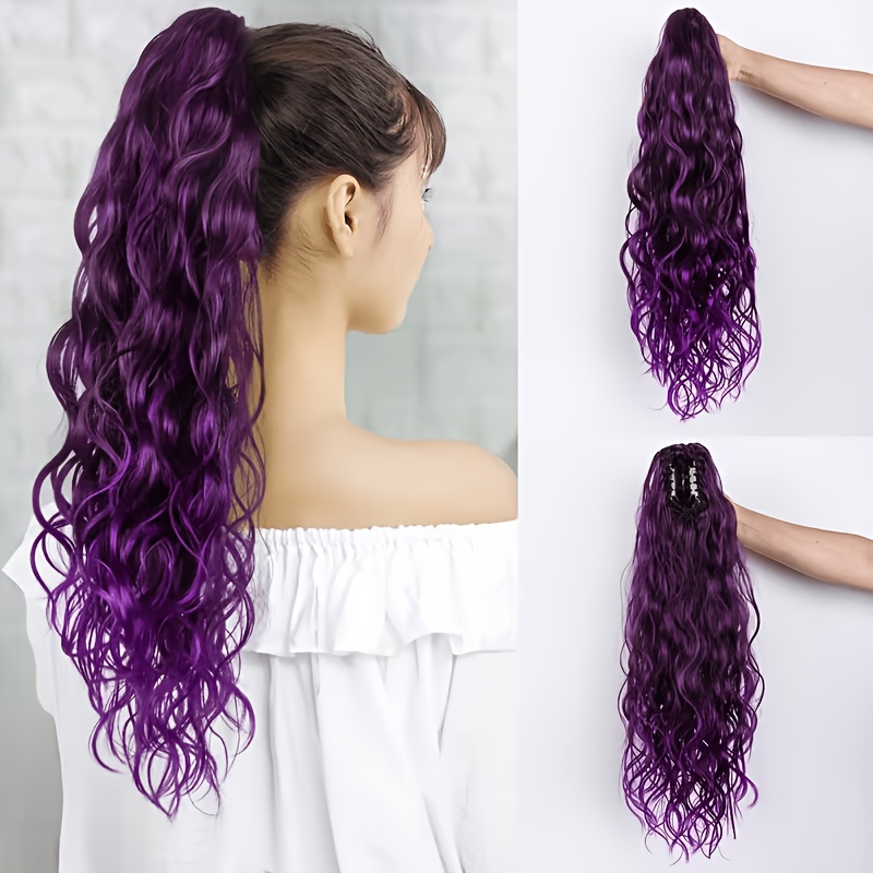 TEMU Perruque queue de cheval tressée violette à clips de 24 pouces pour femmes et hommes, postiche à clips à la chaleur avec , volume corporel pour
