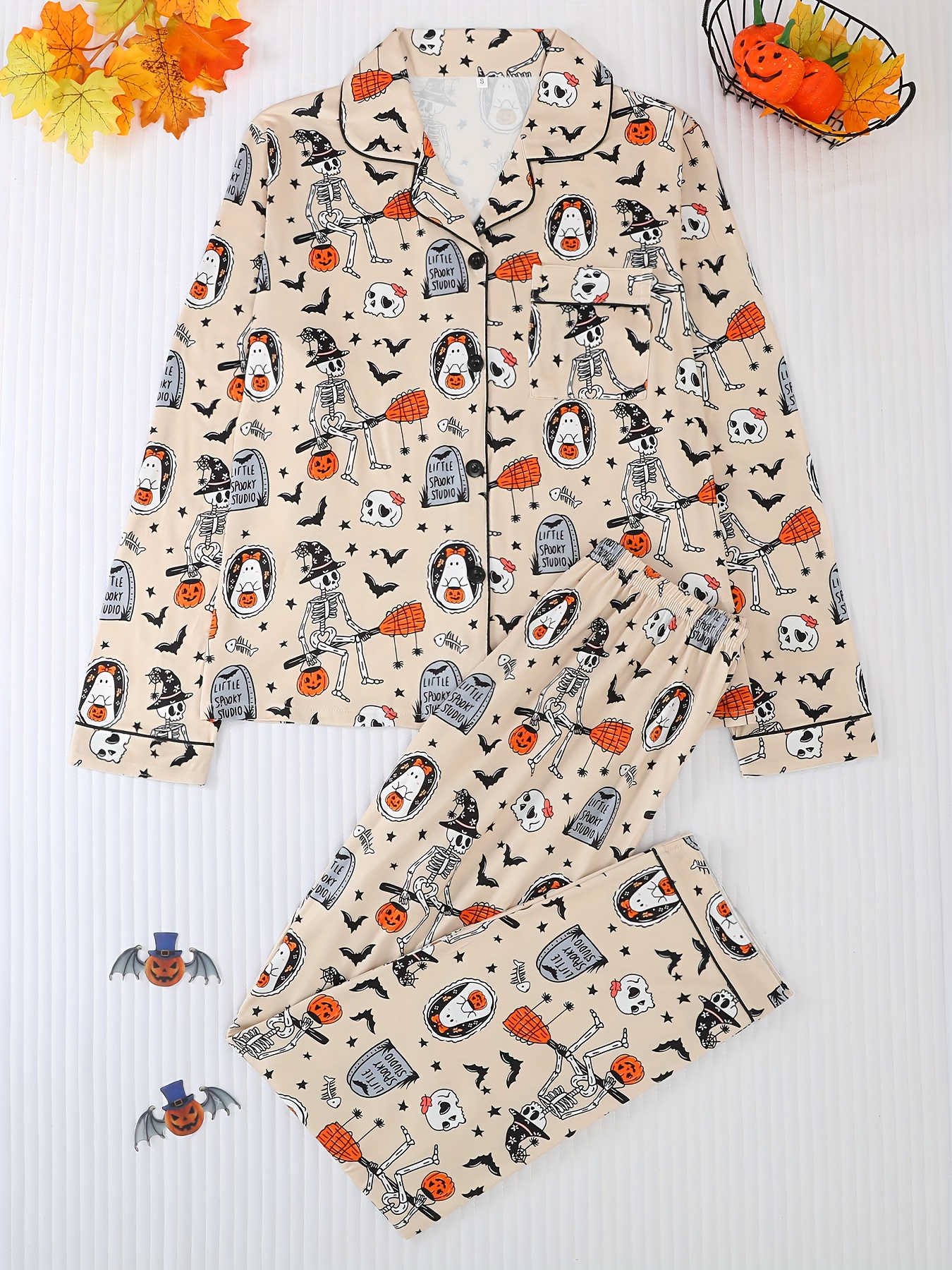 Damen Halloween Pyjama Hose - Flanell Schlafhose Mit Kürbis Geister Druck