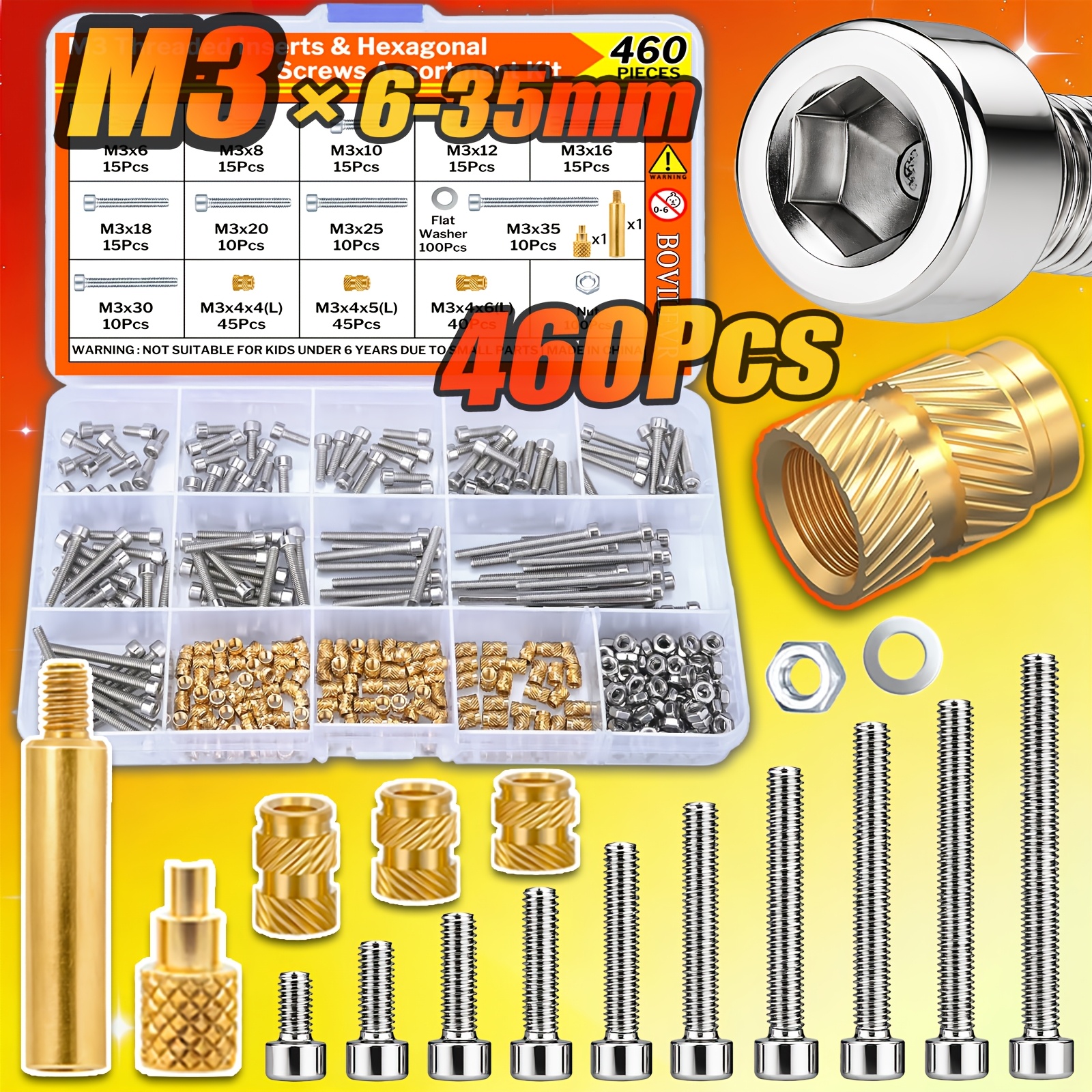 TEMU 460pcs M3 Threaded Inserts Set With M3 Hex Socket Head Bolts, Nuts, And Washers, M3×6/8/10/12/16/18/20/25/30/35mm Knurled Heat Set Nuts Kit For