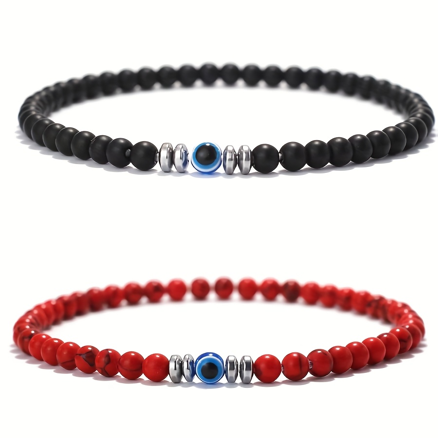 TEMU Pulsera de 2 piezas/pareja con cuentas de ojos malvados para hombre, de 4 mm, howlite, ojos de tigre, pulsera elástica de piedra, regalo para