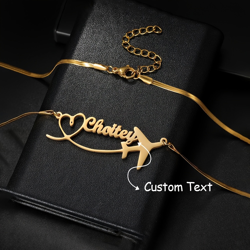 TEMU Personalized Women's Pendant Necklace, 18k Gold Plated Snake Chain Necklace With Heart   Airplane   English Name Pendant, 304l Stainless Steel