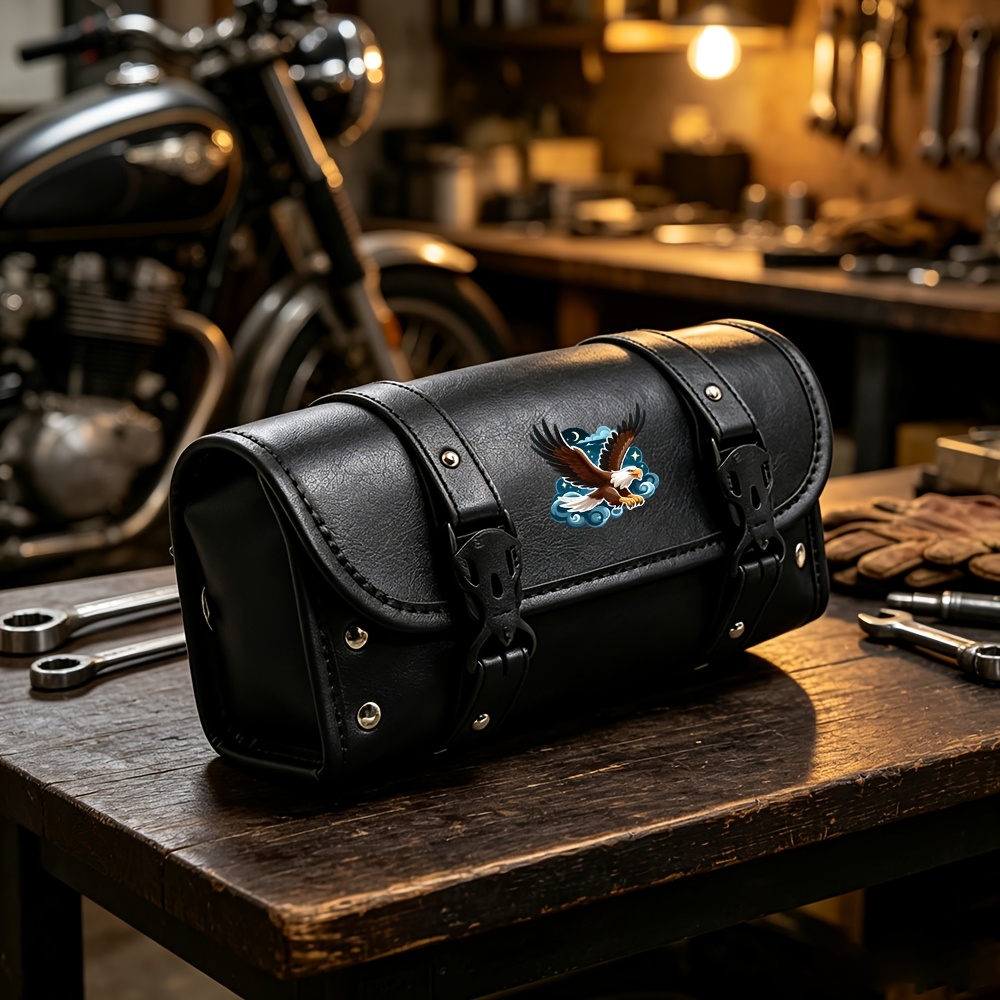 TEMU 1 Vintage Cylinder Motorcycle Tool Bag | Black Wolf With Red Eyes And Sun Background - Long Cylindrical Shaped Bag With A Buckle Closure |
