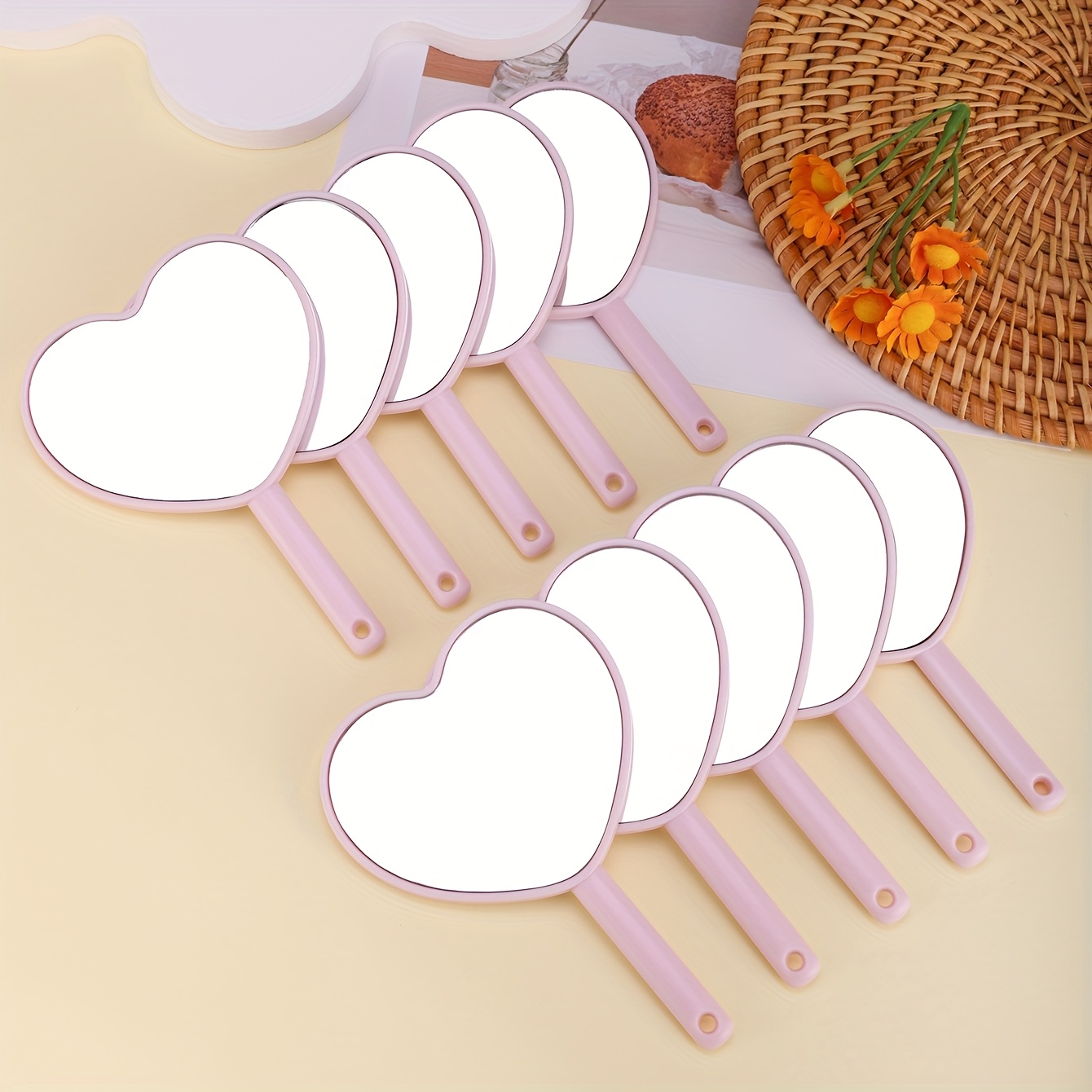 TEMU 10pcs Handheld Heart Mirror Set, Cute Makeup Mirror For Dorm Rooms