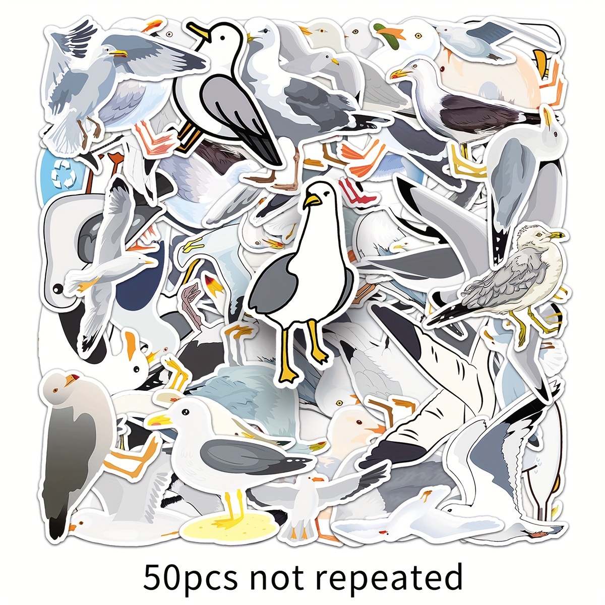 Image of 50 Sheets Of Seagull Cartoon Doodle For Notebooks, Skateboards, Phone Cases, Bicycles, Cars, And Water Bottles