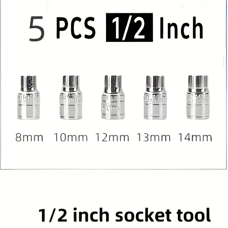 TEMU 5pcs Set 1/2 Inch Drive | Short Wall Metric Socket Set, Easy Pp Packaging, 6-point Shallow Socket, 8mm-14mm, Metal, Car Repair Tool, Manual Tool