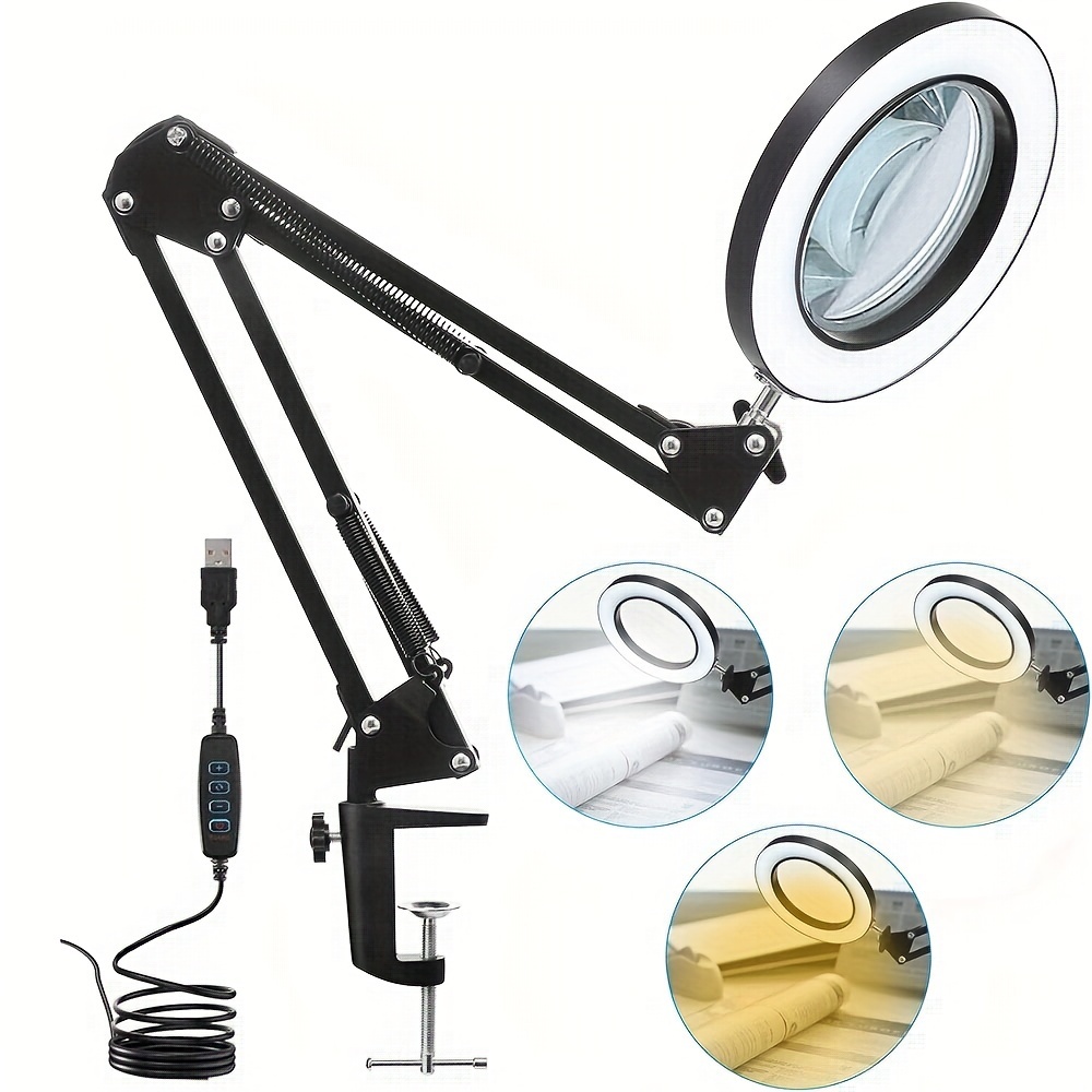 

1pc, Adjustable Led With Clamp, 10x Magnification, 3 Color Modes Stepless Dimming, Metal Swing Arm Desk Light For Close Work, Crafting, Sewing, Soldering, Modern Style