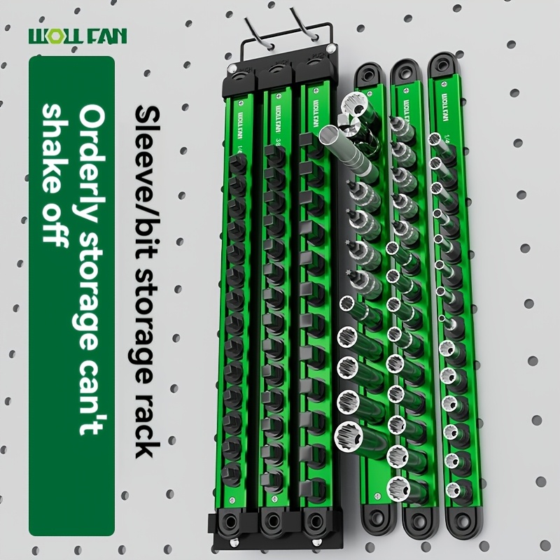 

1/2,3/8,1/4 Socket Insertion Tool Storage Fixer, Green Aluminum Alloy Magnetic Socket Wrench Storage Rack Strong Magnet