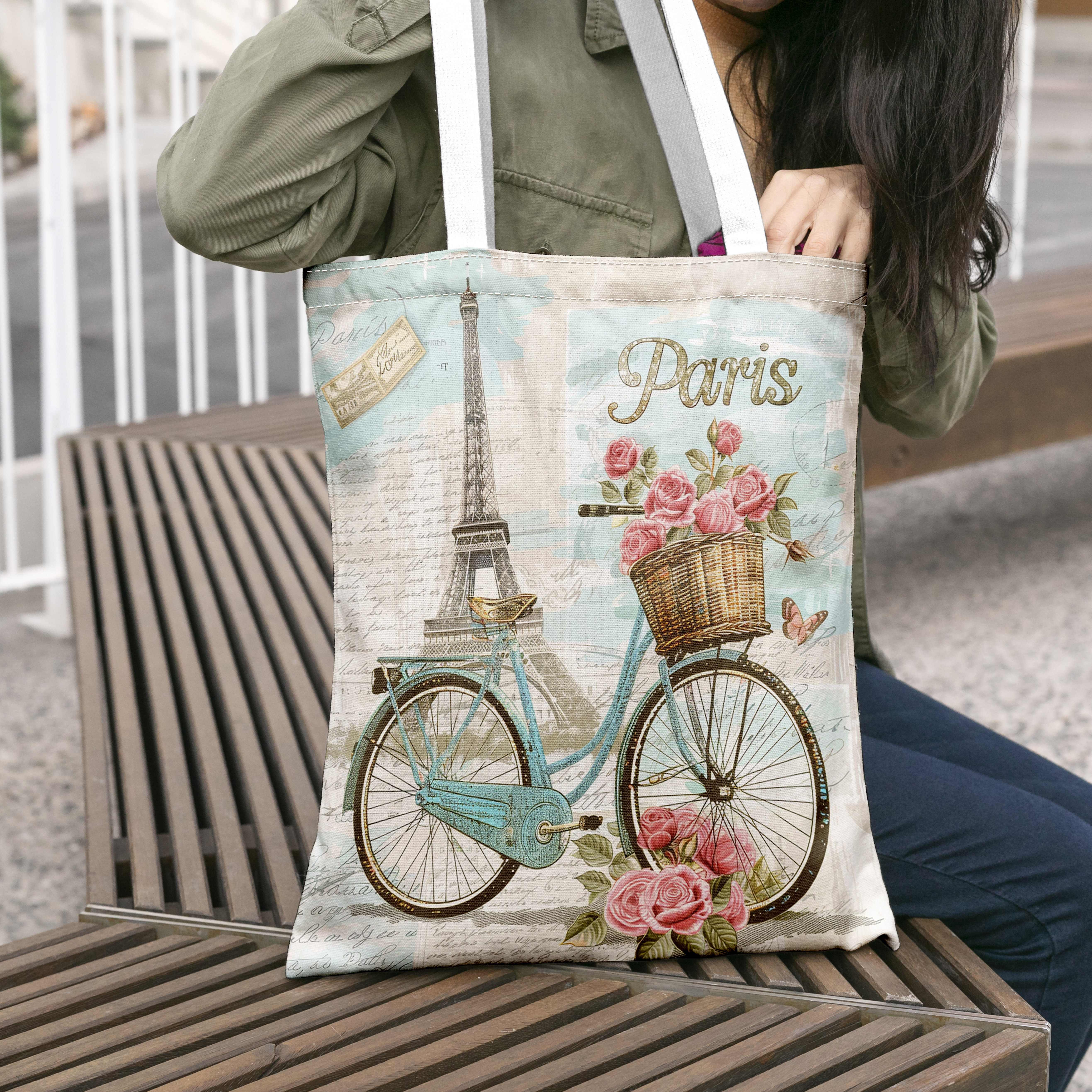 TEMU A -themed Bicycle And Rose Pattern, A Under Tower, A And Convenient Canvas Bag Suitable For City Strolls, , And Everyday Use, An Affordable