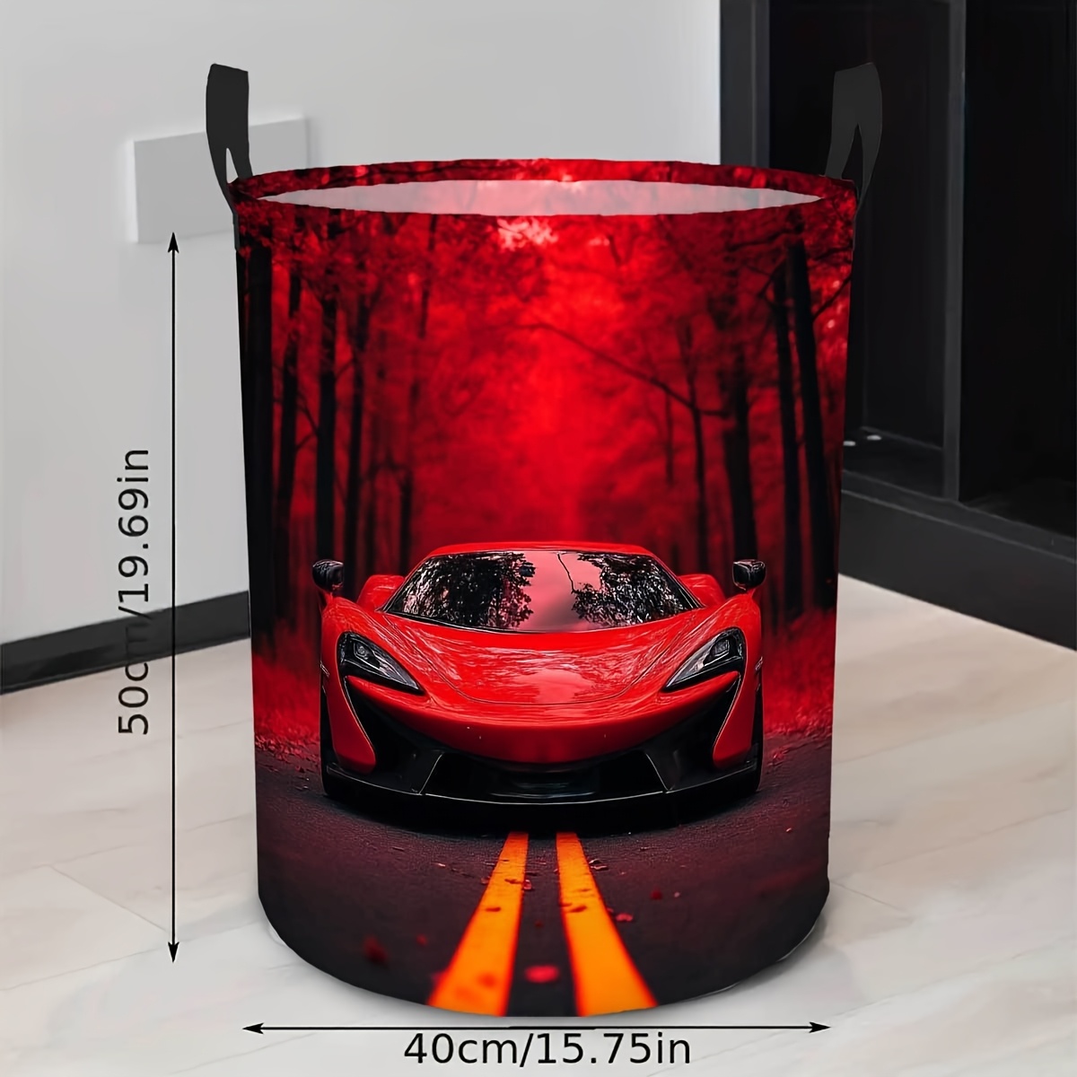TEMU 1pc Red Car Forest Collapsible Laundry Basket, Ideal For Clothes And Miscellaneous Items In Bathroom And Bedroom, Bin For Closet Arrangement,