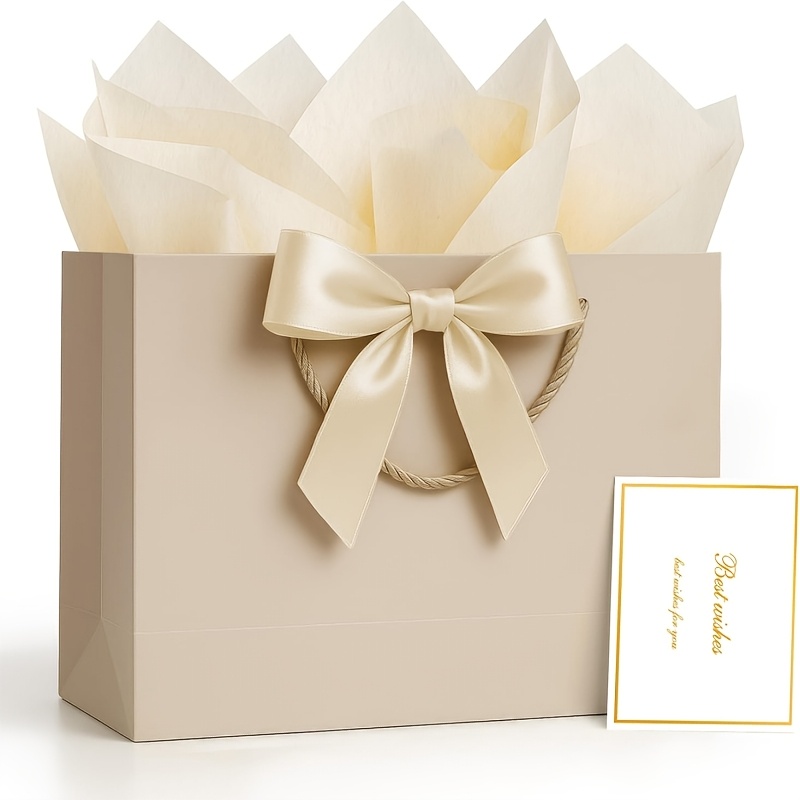 TEMU 12 pouces moyen avec poignées, avec carte à ruban et 2 papiers de soie, 1 pièce, joli sac d'emballage cadeau en papier beige champagne pour de