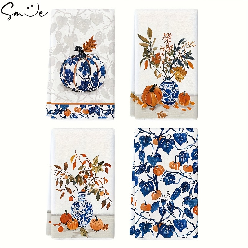 

Sm:)e Pumpkin Fall Kitchen Towels Dish Towels, 18x26 Inch Autumn Floral Leaves Decoration Hand Towels Set Of 4