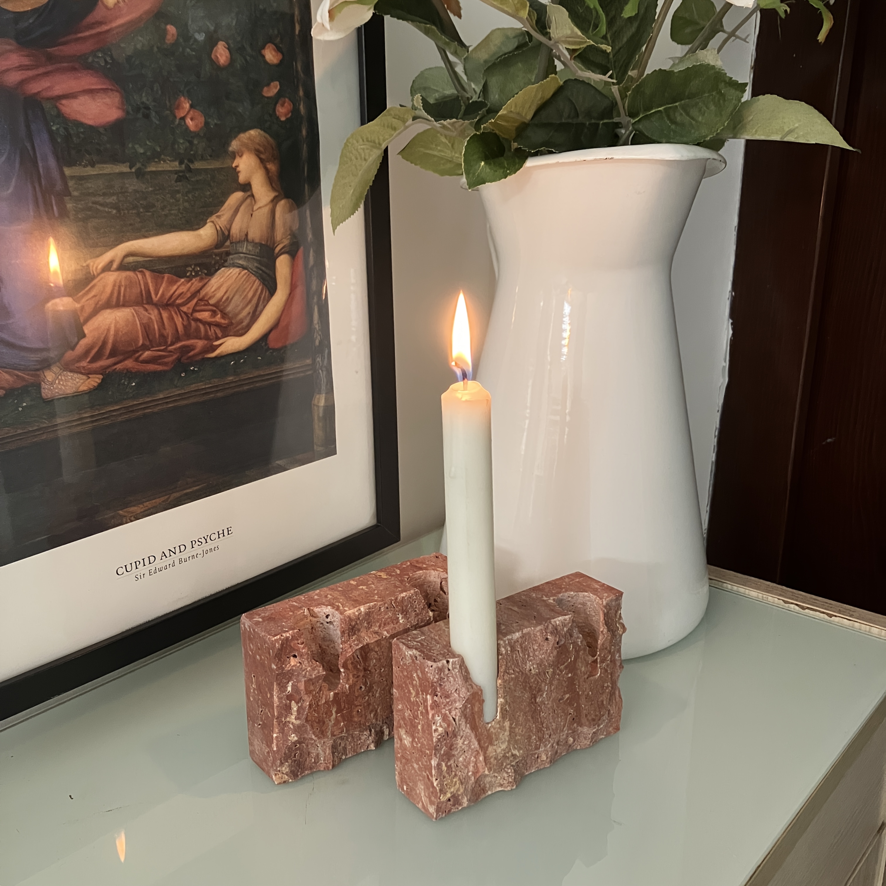 1pc Natural Red Marble Candle Holder - Uniquely Designed Rectangular Two-Hole Candleholder, Holiday Candle Holder, Onyx Candle Holder Base, Travertine Candle Holder, Multi-Branch Candle Holder, Suitable for Weddings, Parties, and Holiday Decoration.