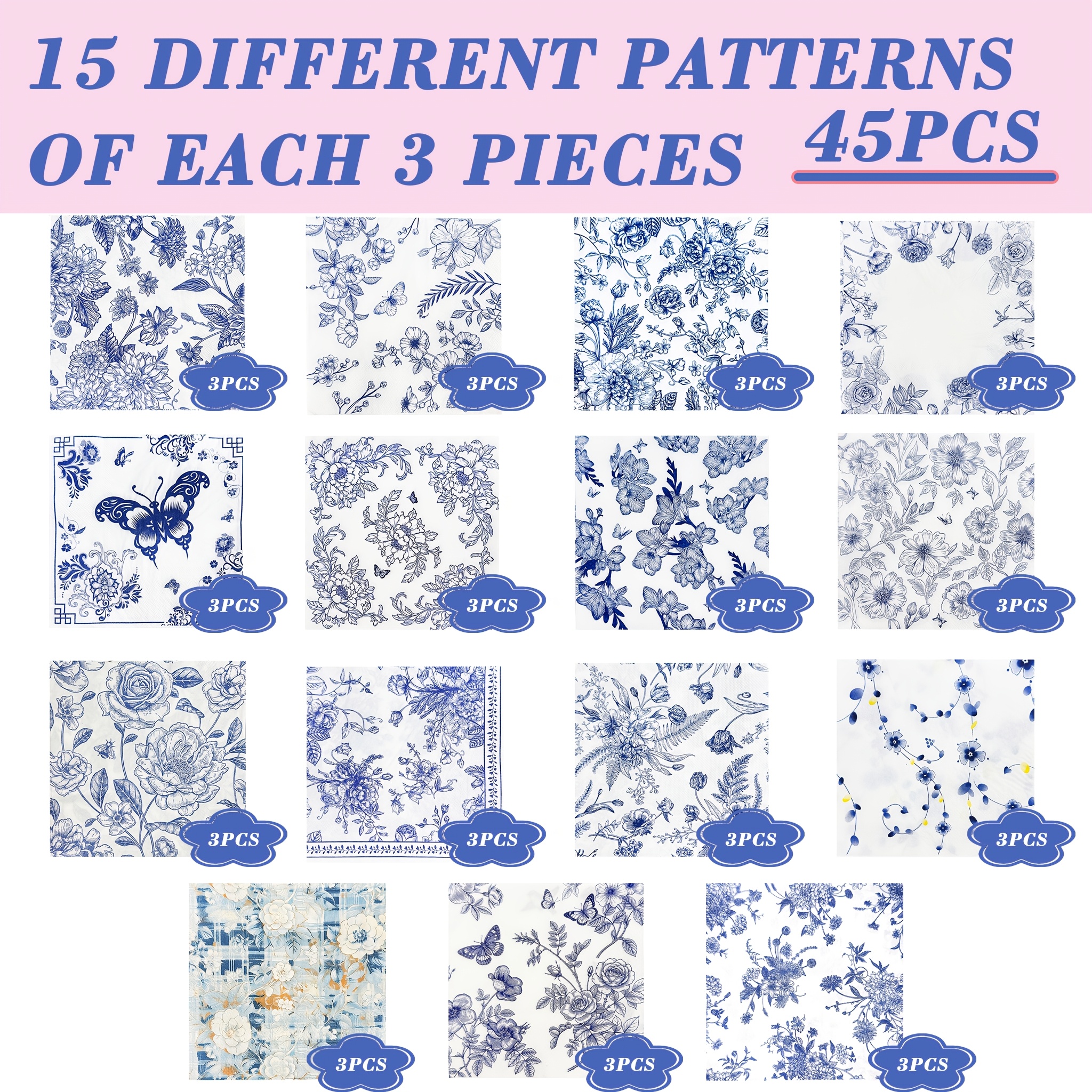 TEMU 45 Pack 15 Styles Assorted Floral Decorative Chinoiserie Cocktail Paper For Crafting Birthday Party, Each 13 Inch (blue And White Floral) For