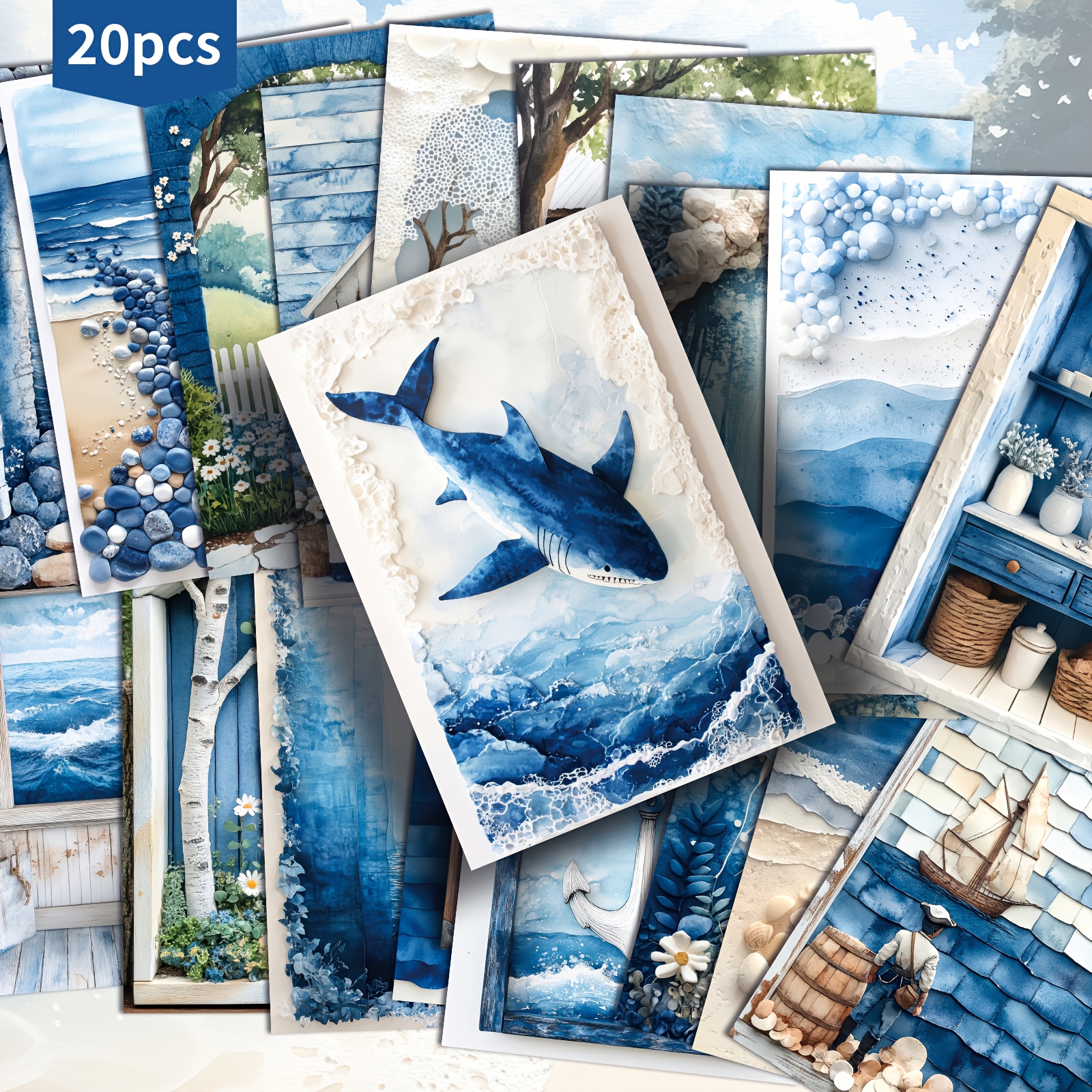 TEMU Set Of 20 Vintage Ocean Blue Postcards Measuring 4x6 Inches, Featuring Retro Pinup Art, Scrapbooking And Crafting