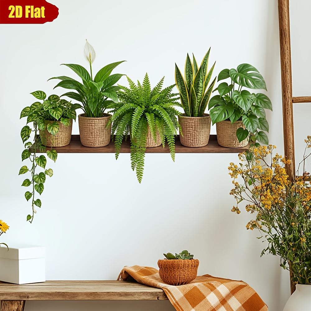 TEMU 1 autocollant mural plat 2D pour plante en pot verte, autocollant pour plante en pot Monstera Orchidée tigre, décoration murale amovible en PVC,