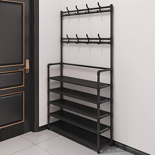 black metal entrance storage rack wardrobe hanger with hooks and shoe rack alloy material surface suitable for clothes hats bags umbrellas easy to assemble home storage solution