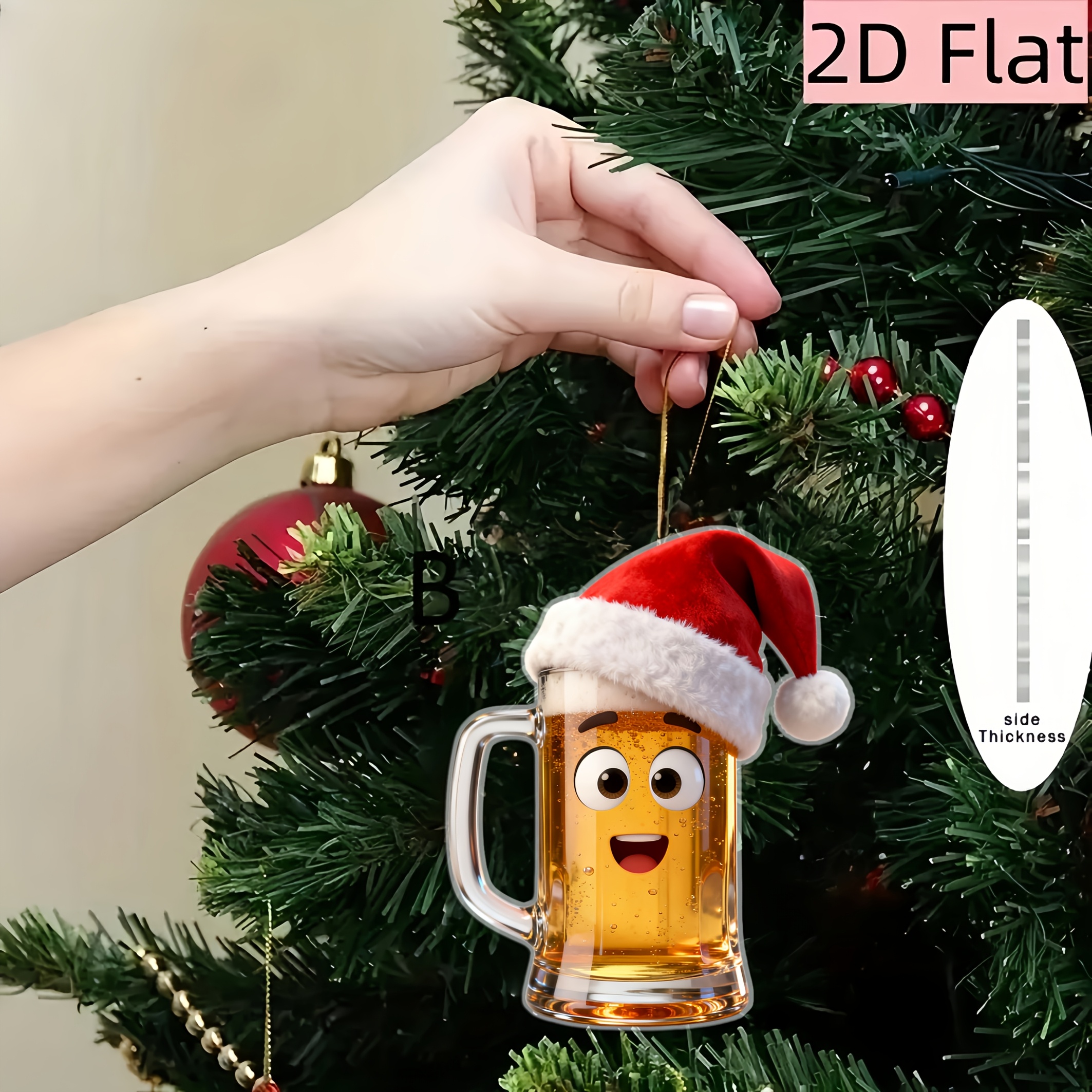 TEMU 2d Flat, 1pc 2d Printed Christmas Beer Mug With Santa Hat Pattern Hanging Ornament, Christmas Tree Ornament, Holiday Hanging Decoration, Home