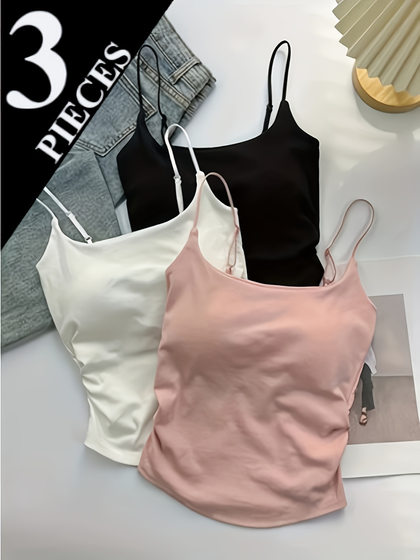 3pcs set womens sleeveless cami tank tops elegant ruched design built in padding   solid colors white   spring summer layering or  