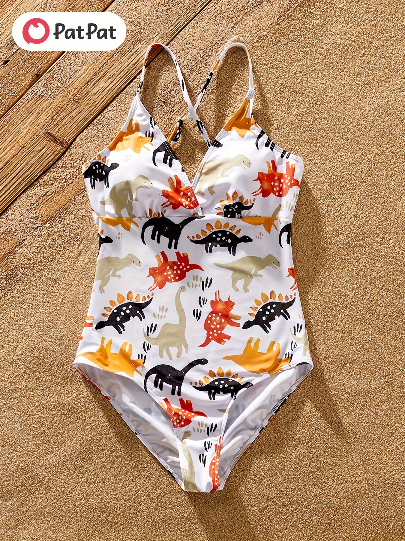 Dinosaur Pattern Print Swimsuit Cut Tie Shoulder Temu