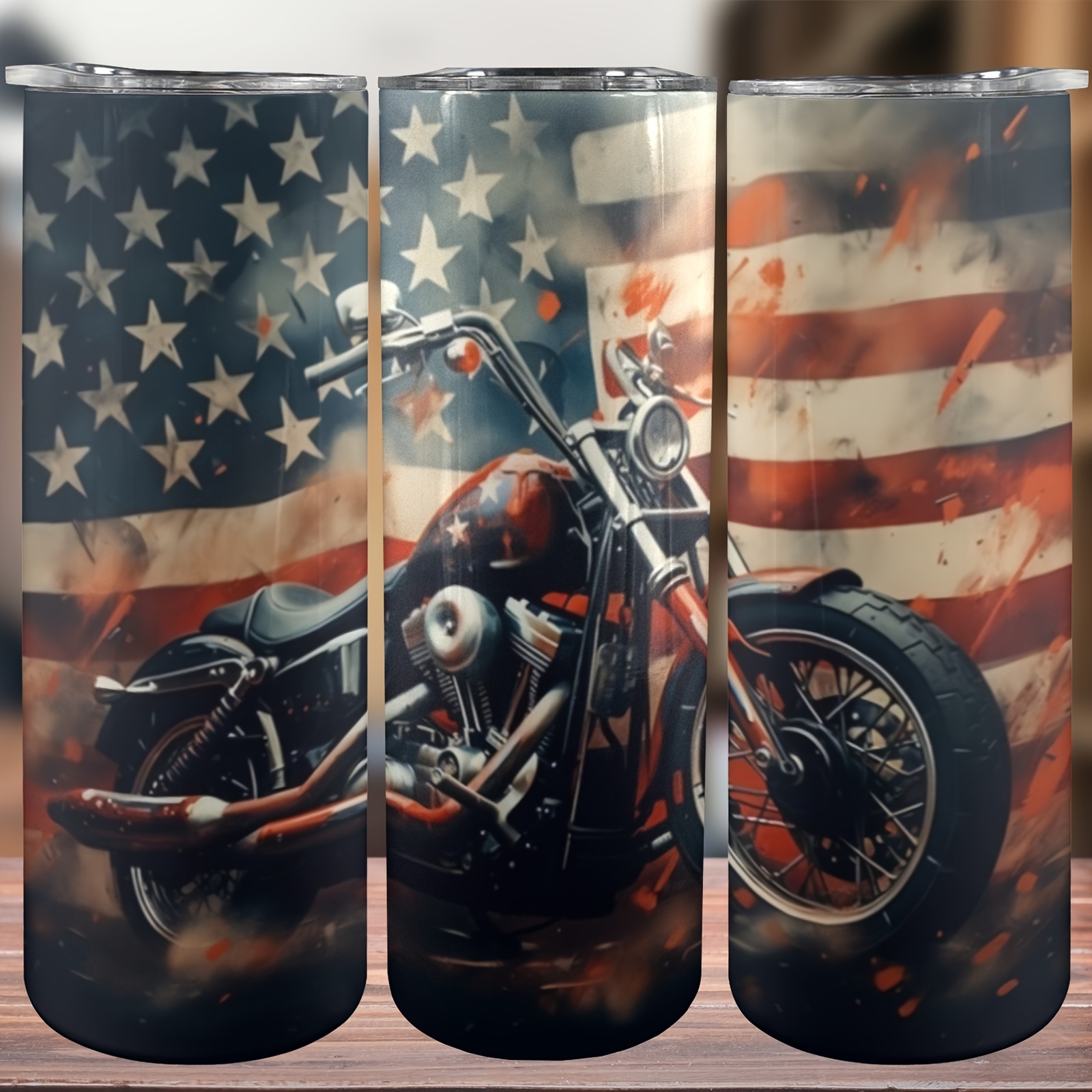 

20oz Patriotic American Flag & Motorcycle Insulated Stainless Steel Tumbler With Lid - Reusable, Double-walled Travel Coffee Mug For All Beverages