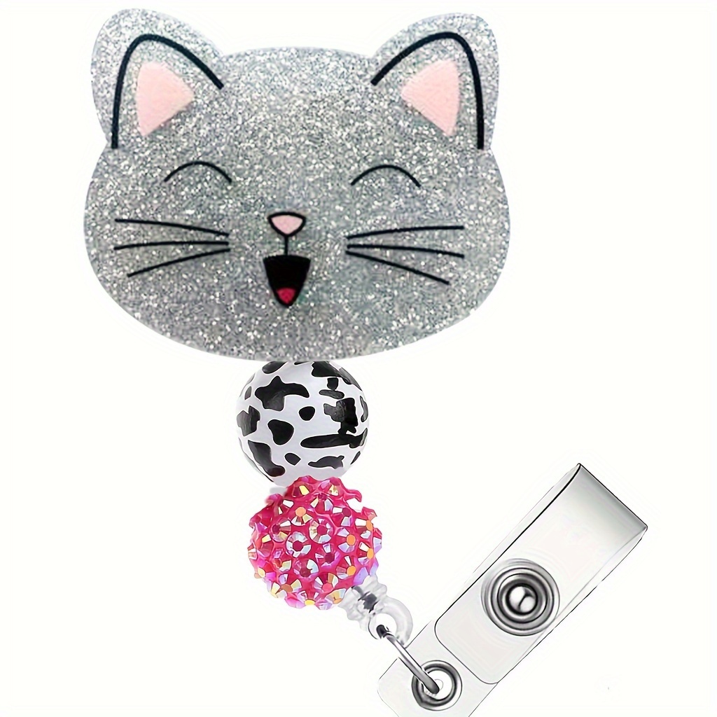 

1pc Cute Glittering Cat Retractable Badge Reel With Acrylic Id Badge Holder, Durable Snap Fastener & 360° Swivel Metal Clip For Nurses, Office Staff &