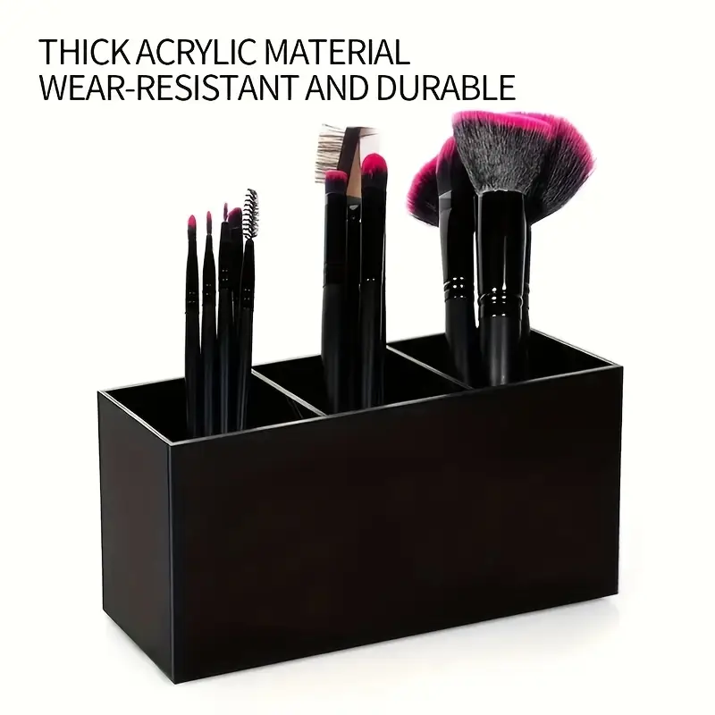 1pc makeup brush organizer with 3 compartments vanity organizer compact cosmetic storage box with brush slots for desk bathroom travel makeup brush holder for professionals home use makeup organizer for vanity acrylic material durable plastic Product details 2