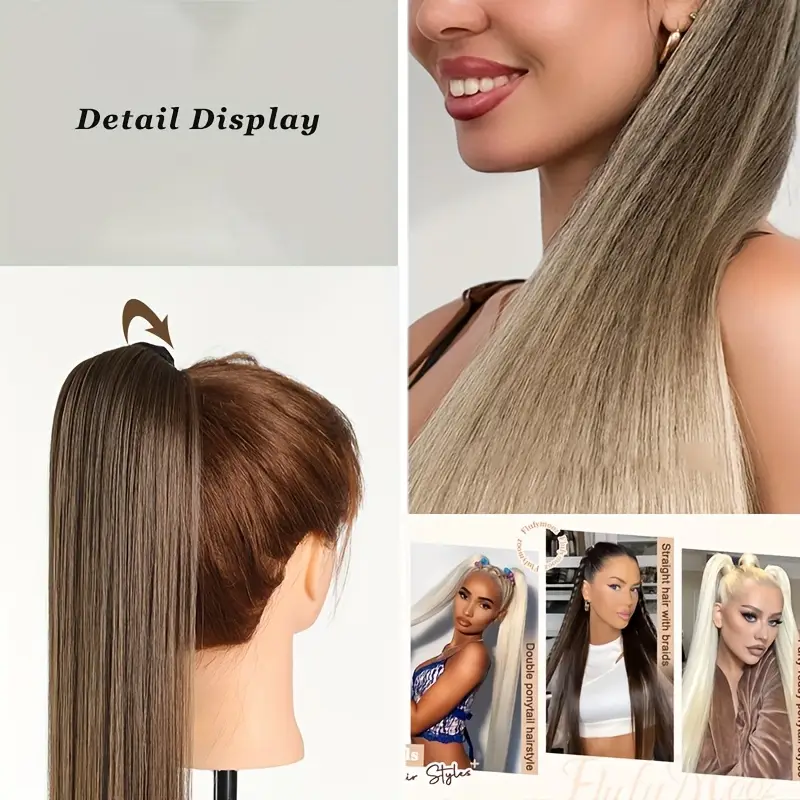 55.88cm long straight synthetic clip-in ponytail extension for women - soft rubber band, natural look, easy to style, everyday or special occasions, ponytail hair extensions details 3