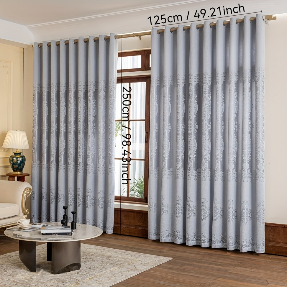 TEMU 2pcs Elegant European Floral Curtains - Light Filtering Window Drapes With Pre- Holes For Bedroom & Living Room, Semi-opaque Privacy Window