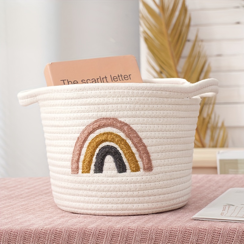 

1pc Rustic Cotton Storage Basket With Embroidered Rainbow Design - 9.84in X 7.87in Knitted Organizer Bin For Cosmetics, Books, Magazines - Portable Desk Caddy With Handles - Vintage Home Decor