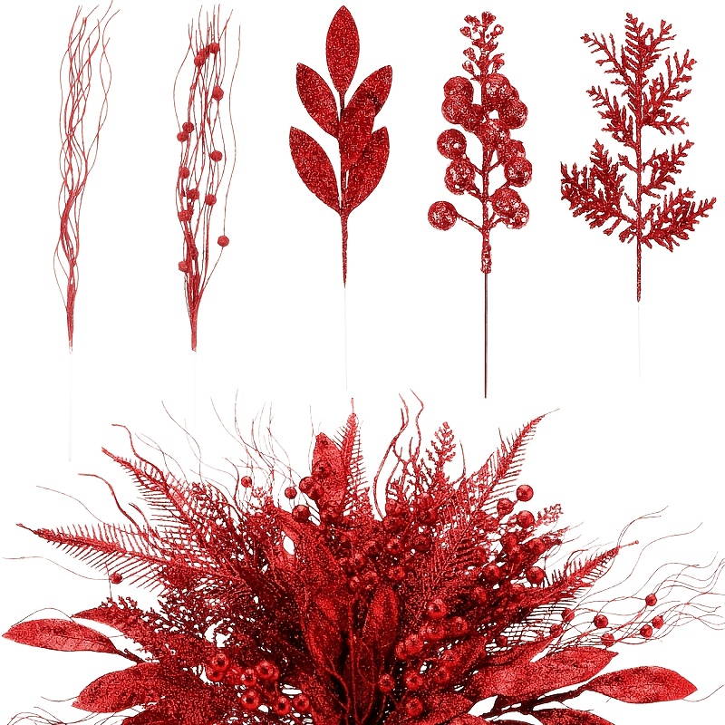 TEMU Set di 16 pezzi di 5 stili di artificiali, foglie, aghi di pino e glitterate, per albero di Natale, , centrotavola, confezioni regalo