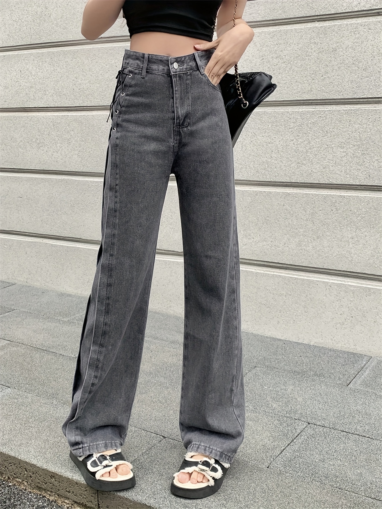 Lace Tie Side Bootcut Jeans High Strech Washed Bow Bell - Temu