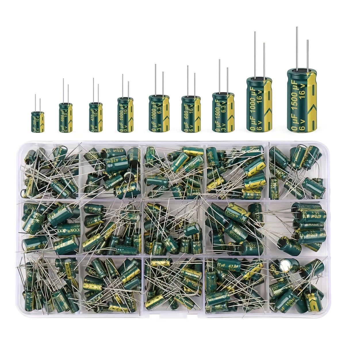 E-shop 190-teiliges Grünes Hochfrequenz-Durchgangsloch-Elektrolytkondensator-Set mit 15 Spezifikationen, geeignet für gängige elektronische Komponenten