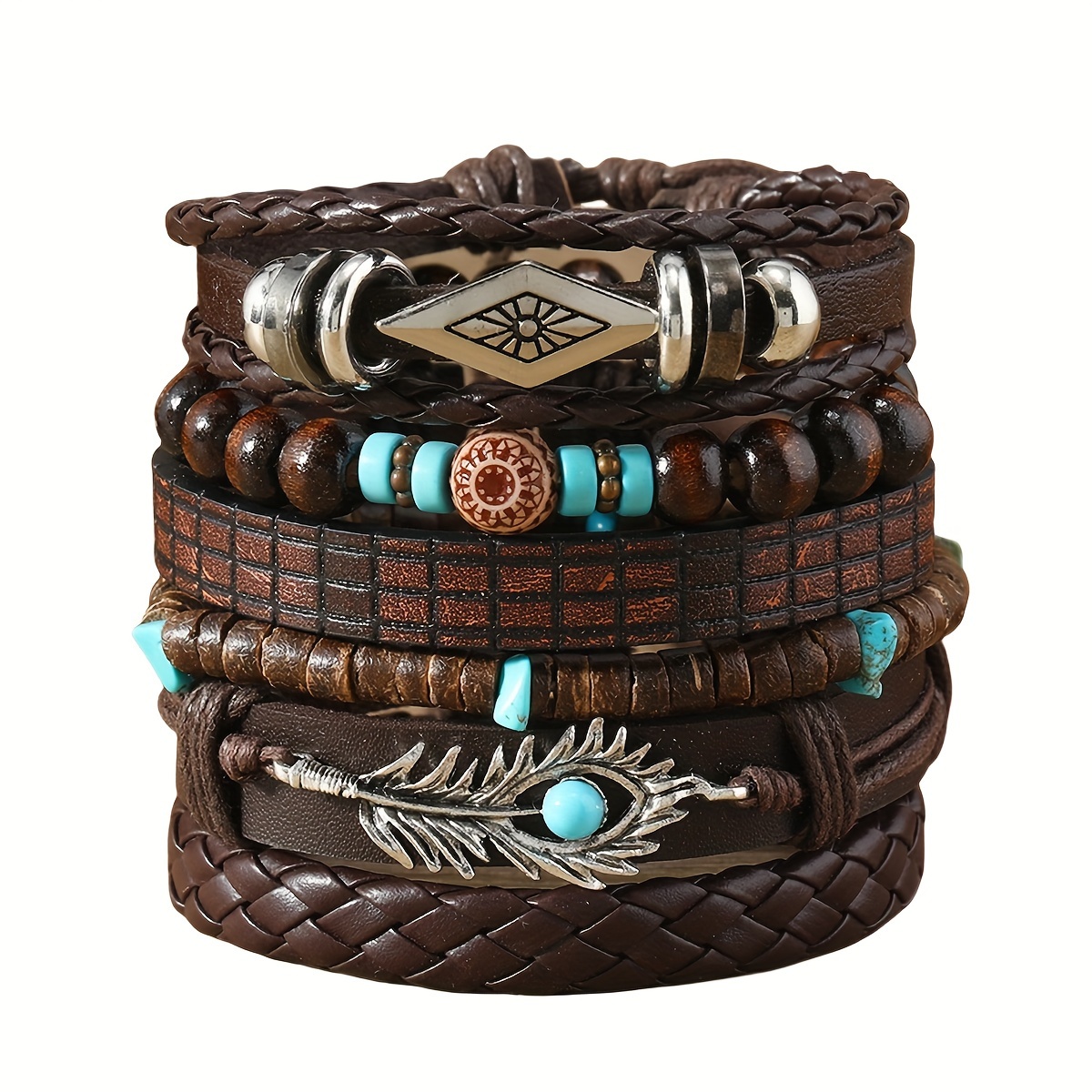 TEMU 6pcs Vintage Boho Feather Beaded & Faux Leather Bracelet Set For Men