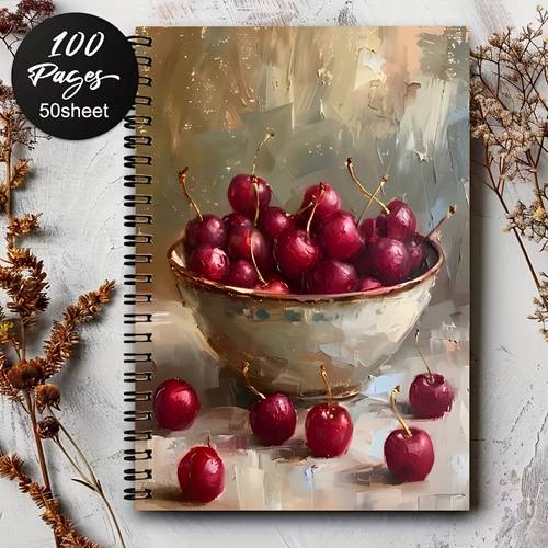 item picture a5 oil painting cherry still life notebook 24 hole spiral binding 50 sheets 100 pages thick paper suitable for office journaling diary meeting notes portable notepad for professionals creative gift for artists students