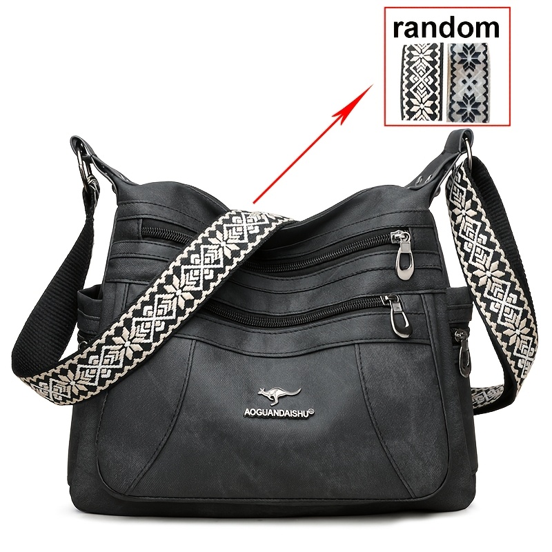 Retro Style Shoulder Bag, Solid Color, Casual Occasion Handbag, With Zipper Closure, In Black, Khaki, Gray, Blue Shoulder Strap Patterns And Colors At Random