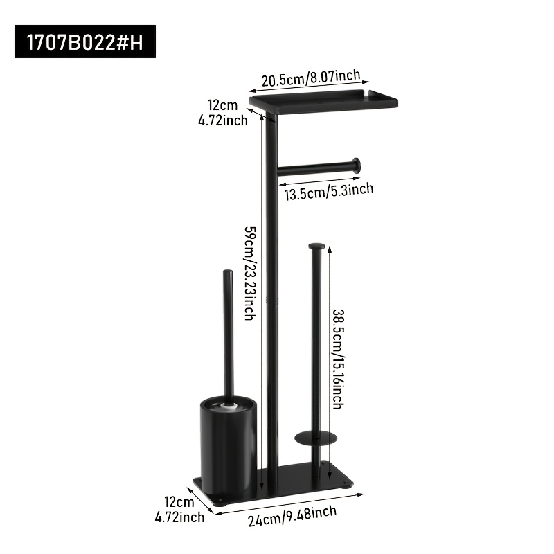 a multi functional freestanding bathroom tissue holder with a toilet brush featuring a top shelf for placing small items such as phones aromatherapy diffusers hand soap and remote controls a vertical bathroom tissue rack