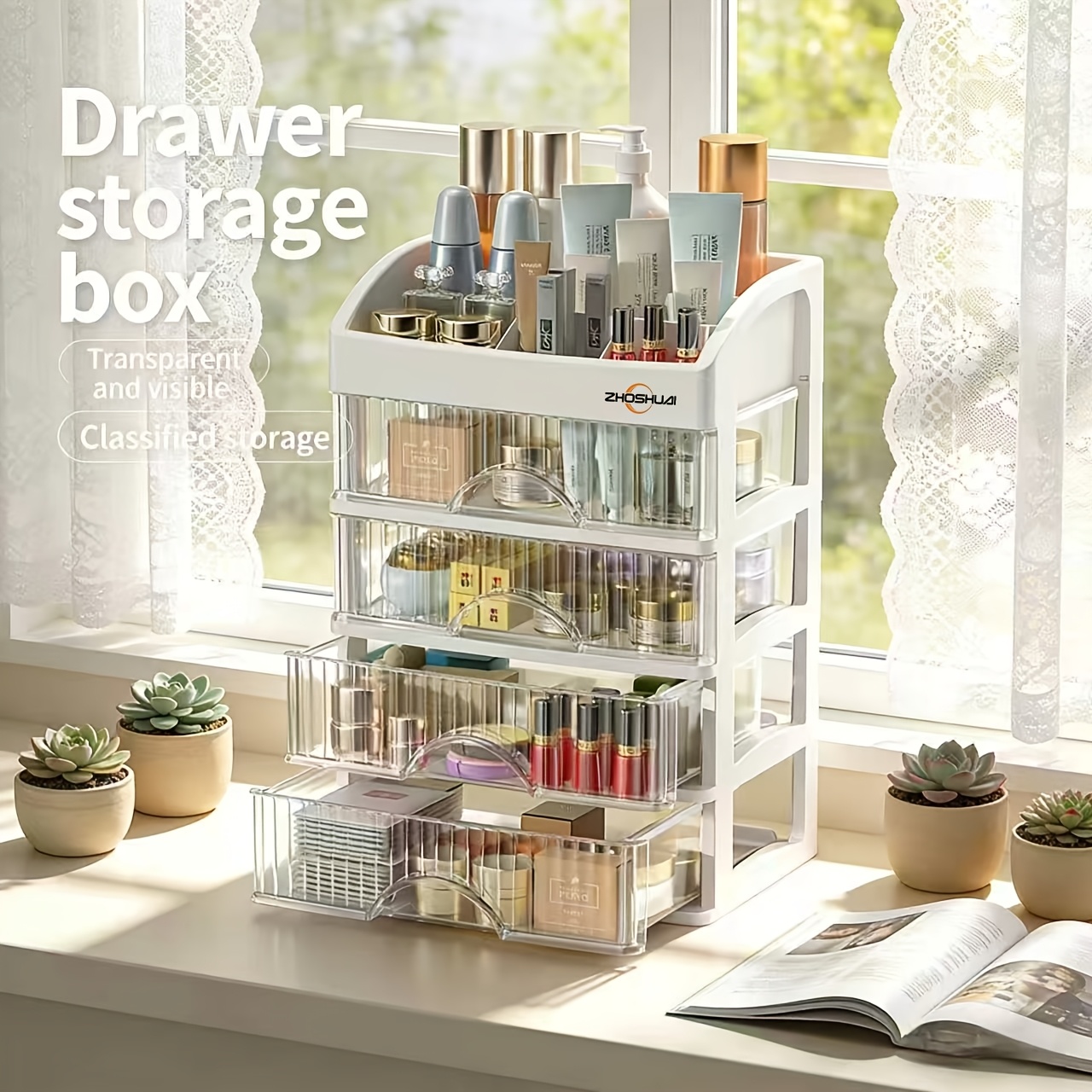 TEMU Organisateur de bureau mini à 4 niveaux de style tiroir avec un design transparent pour une visibilité du contenu. Rangement compartimenté