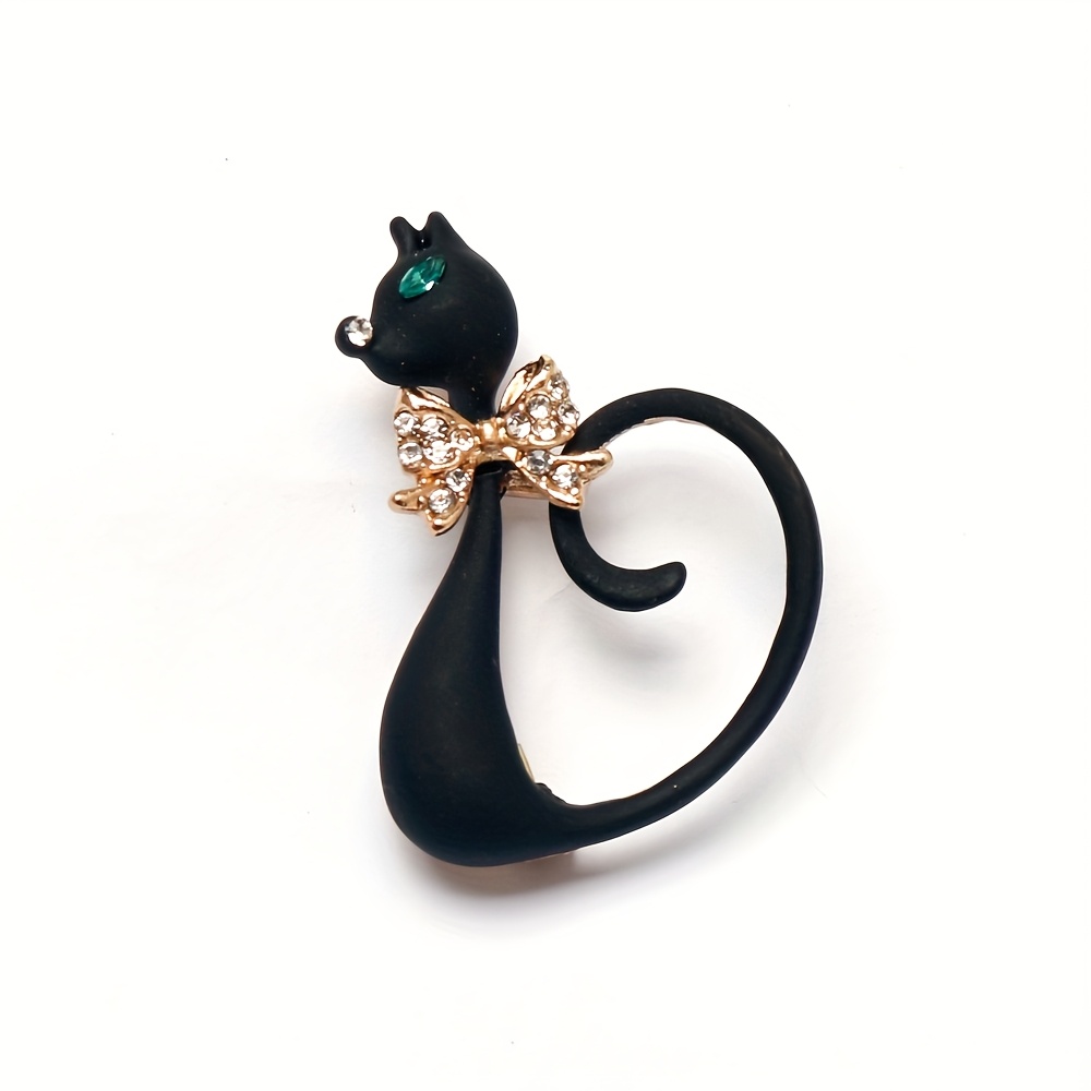 Image of Cartoon Gentleman Cat Alloy Rhinestone Brooch, Trendy Long-tailed Cat Chest Pin For Bags And Clothing